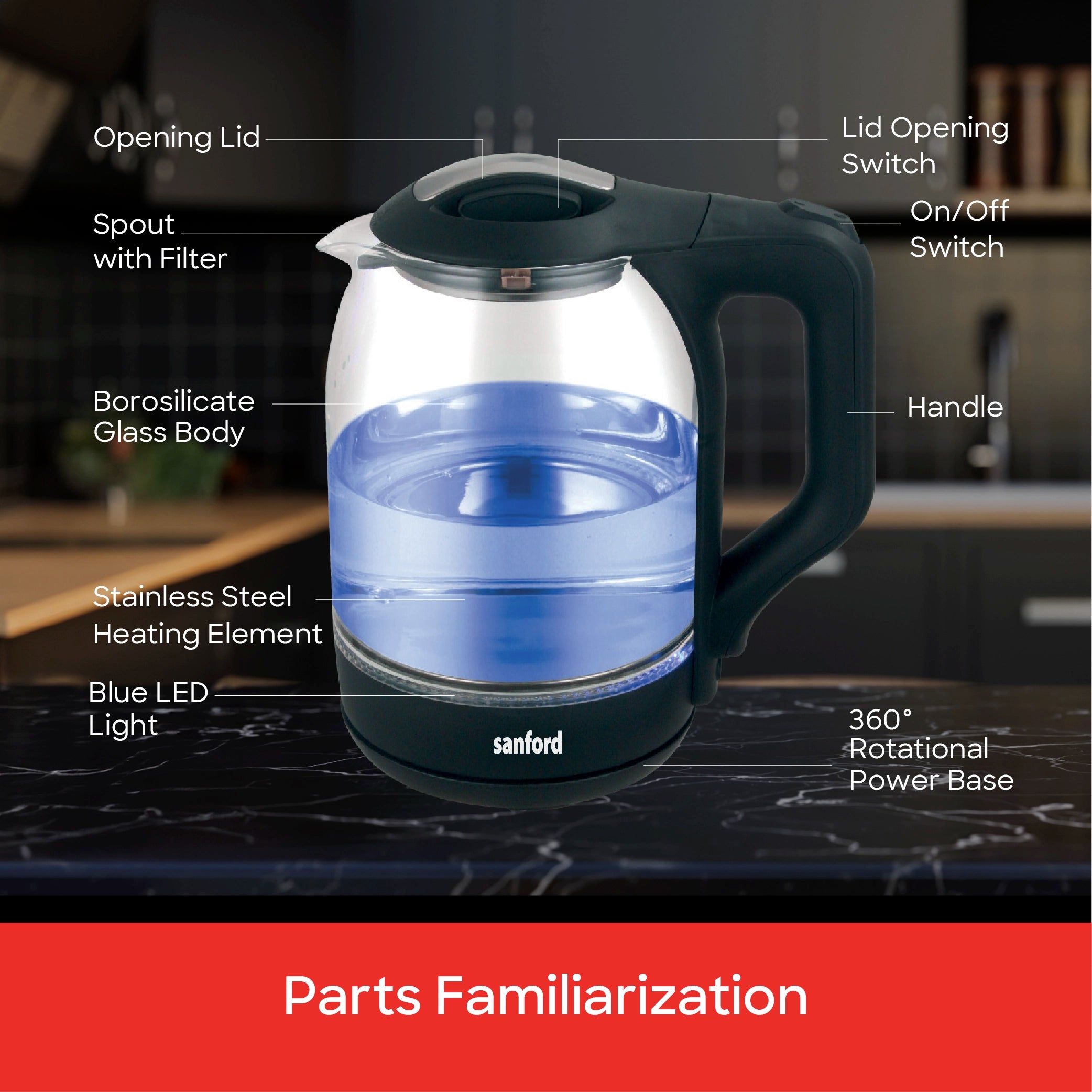 Electric Glass Kettle 1.8L  Auto Shut-Off and Indicator Light sanford 6
