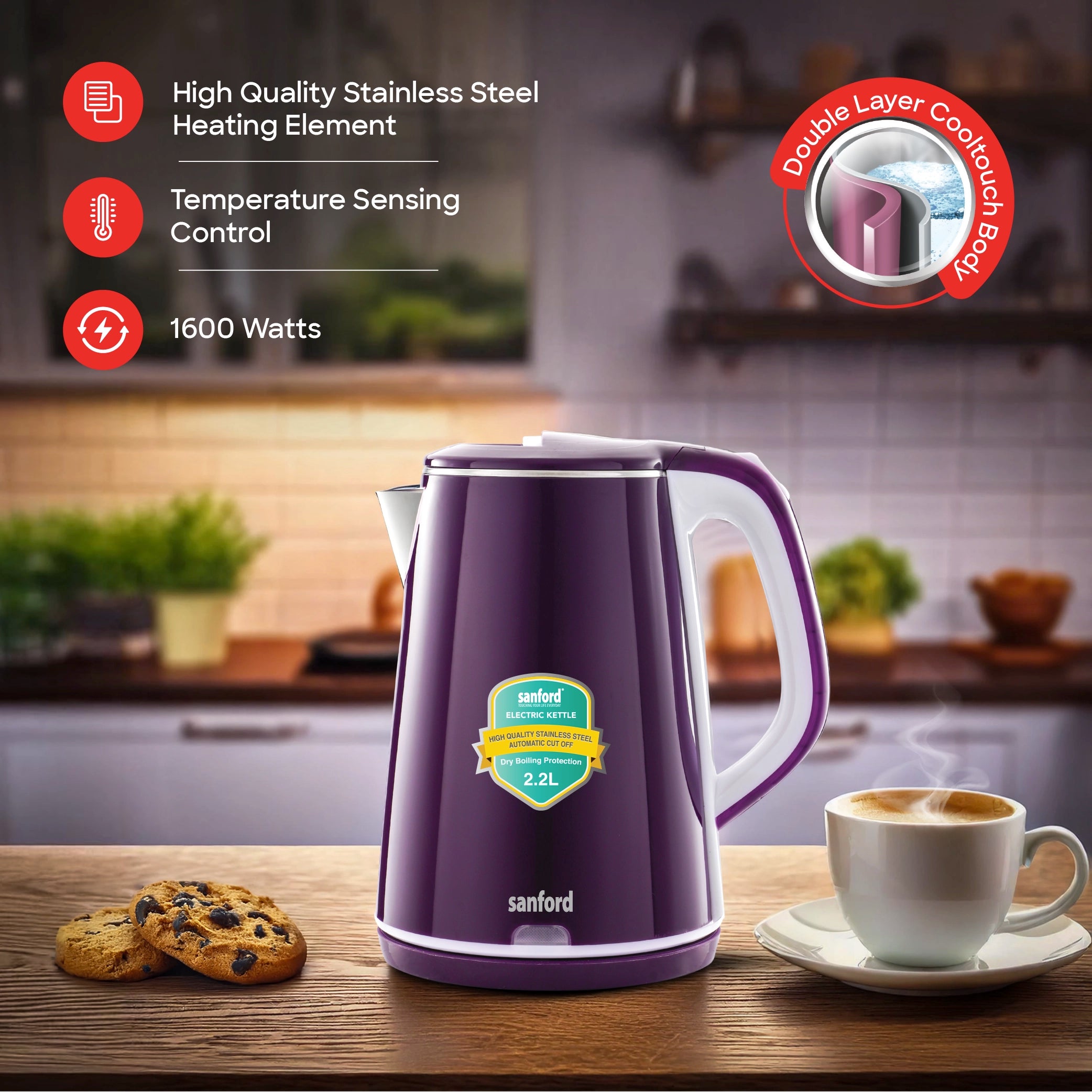 Electric Kettle 2.2L Double Layer Cool Touch 1600W Auto Shut Off sanford 3