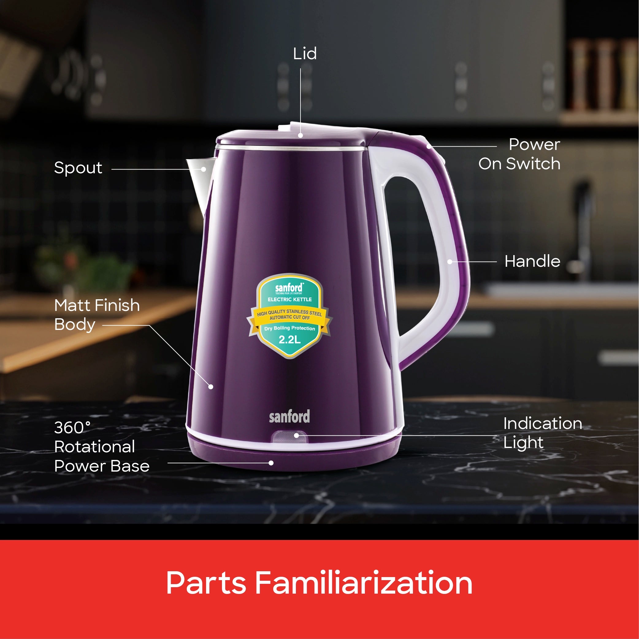 Electric Kettle 2.2L Double Layer Cool Touch 1600W Auto Shut Off sanford 6
