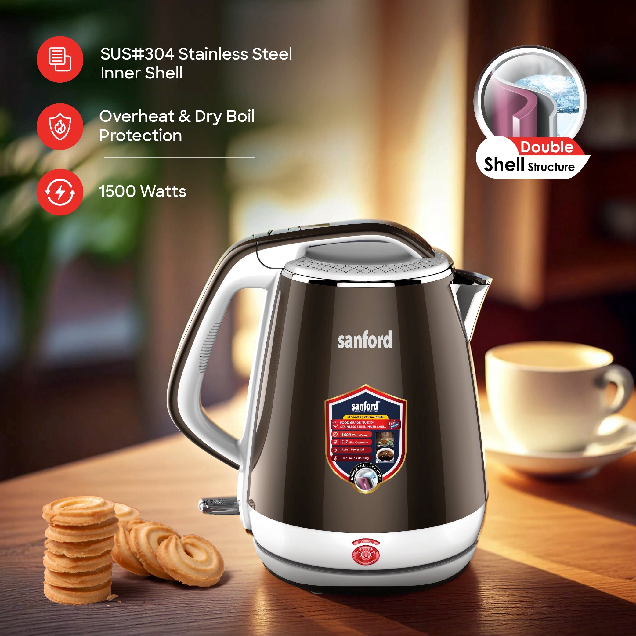 best electric kettle 1.7L 1500W power & double shell structure sanford 3