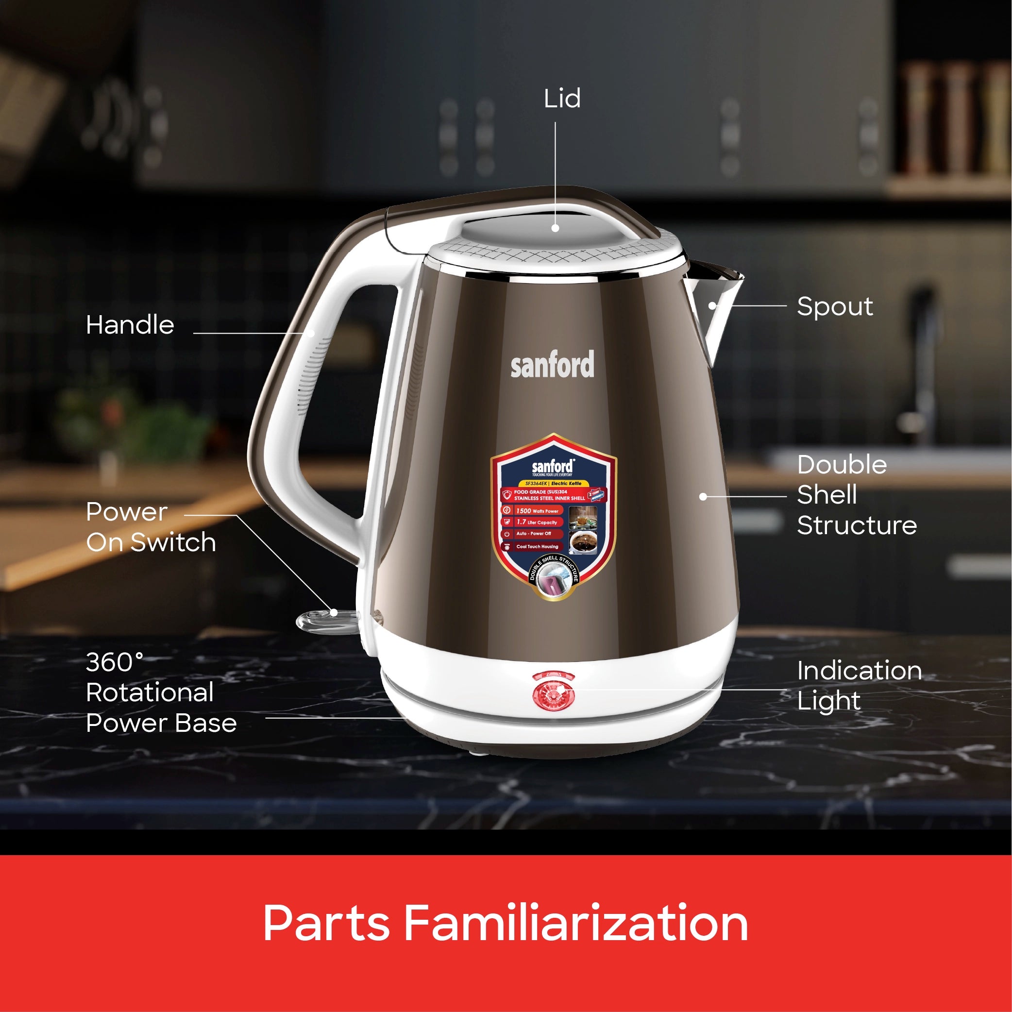 best electric kettle 1.7L 1500W power & double shell structure sanford 6
