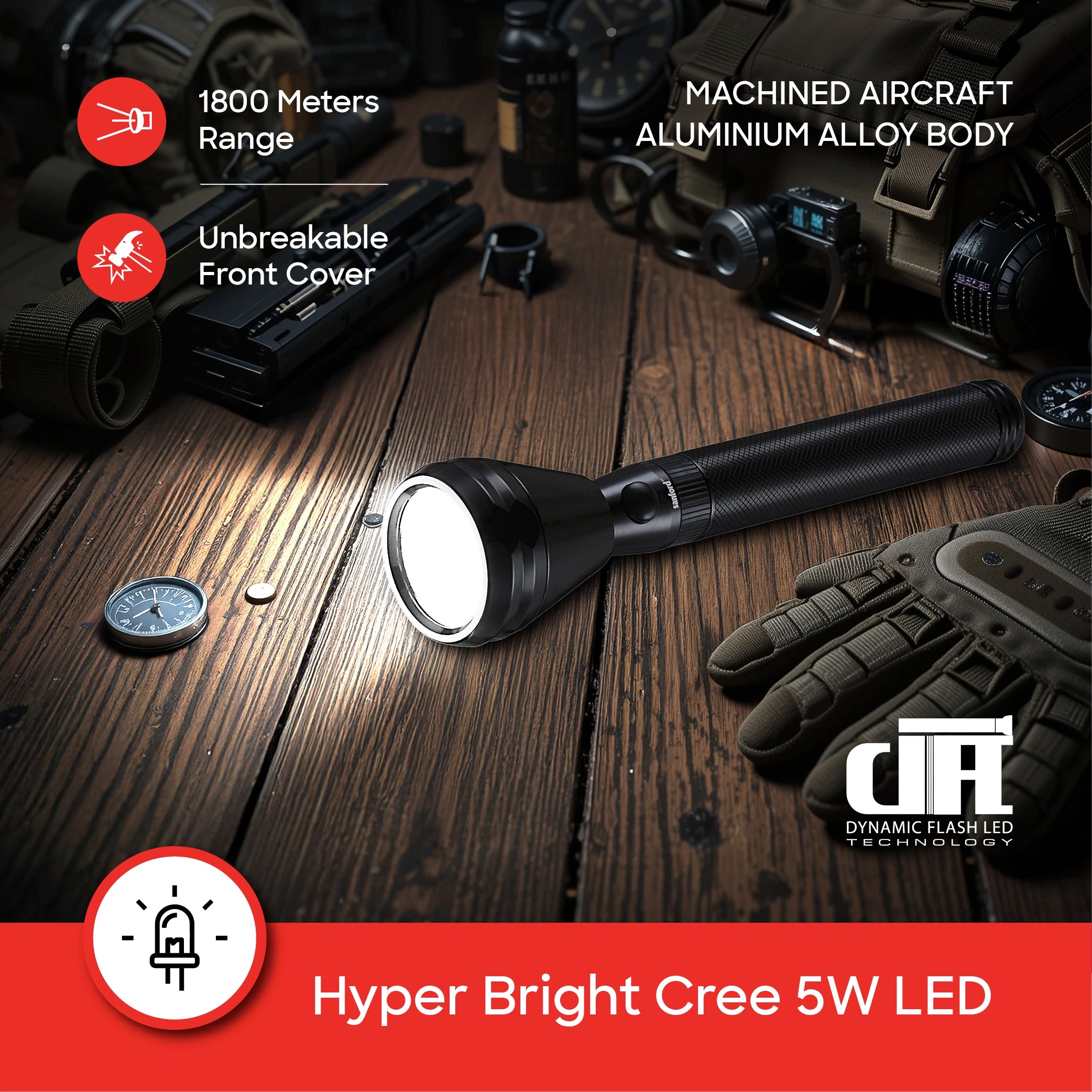 5W flashlight Army plus series 1800m beam distance sanford 4