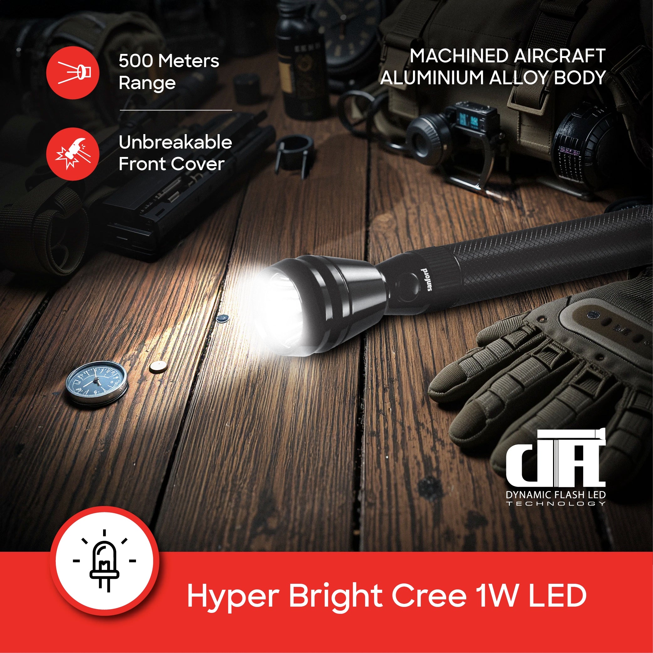 1W Army Series  LED flashlight with 500 meter range and 120 sanford 4