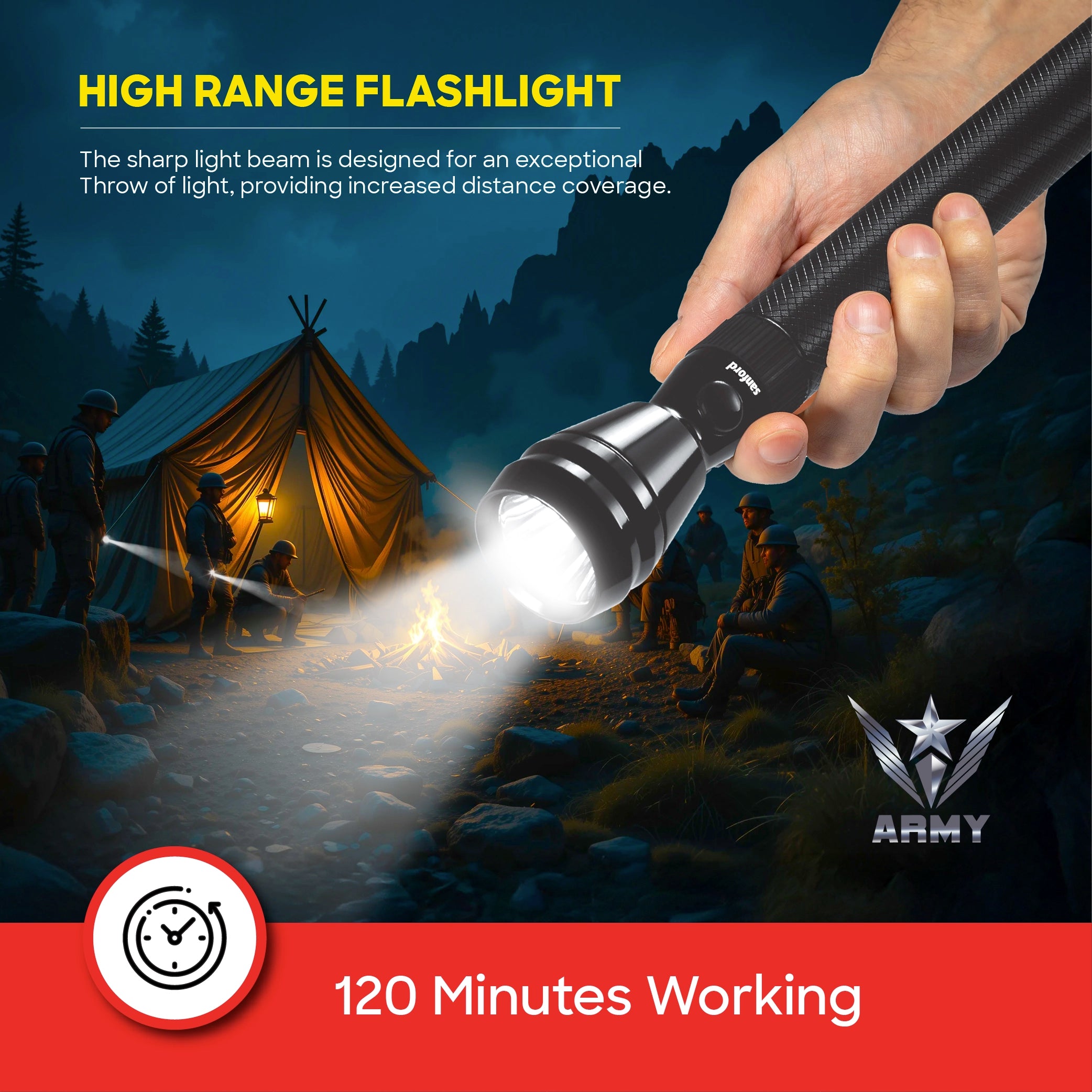 1W Army Series  LED flashlight with 500 meter range and 120 sanford 5