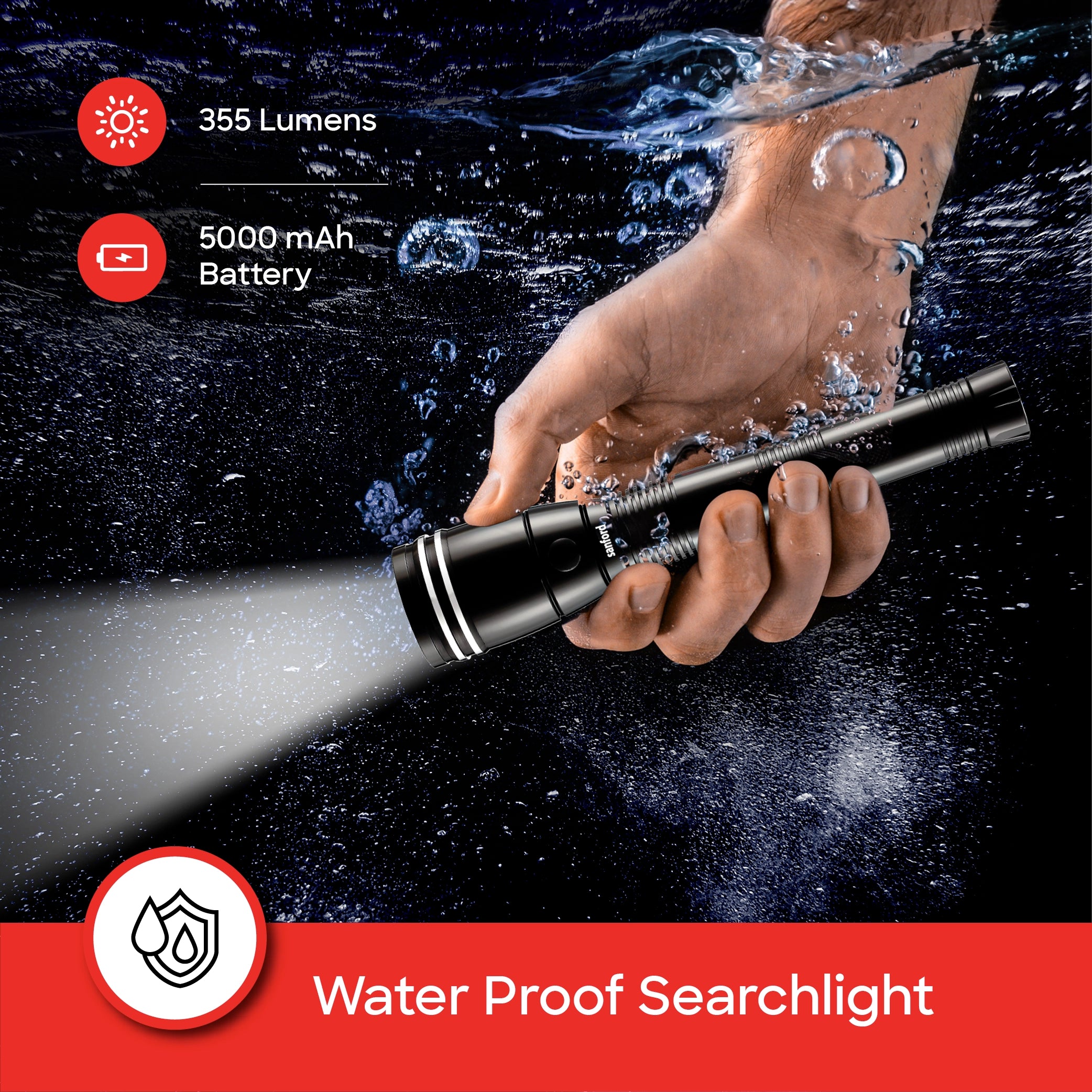 Waterproof LED flashlight torch 355 lumens durable body 2C battery sanford 3