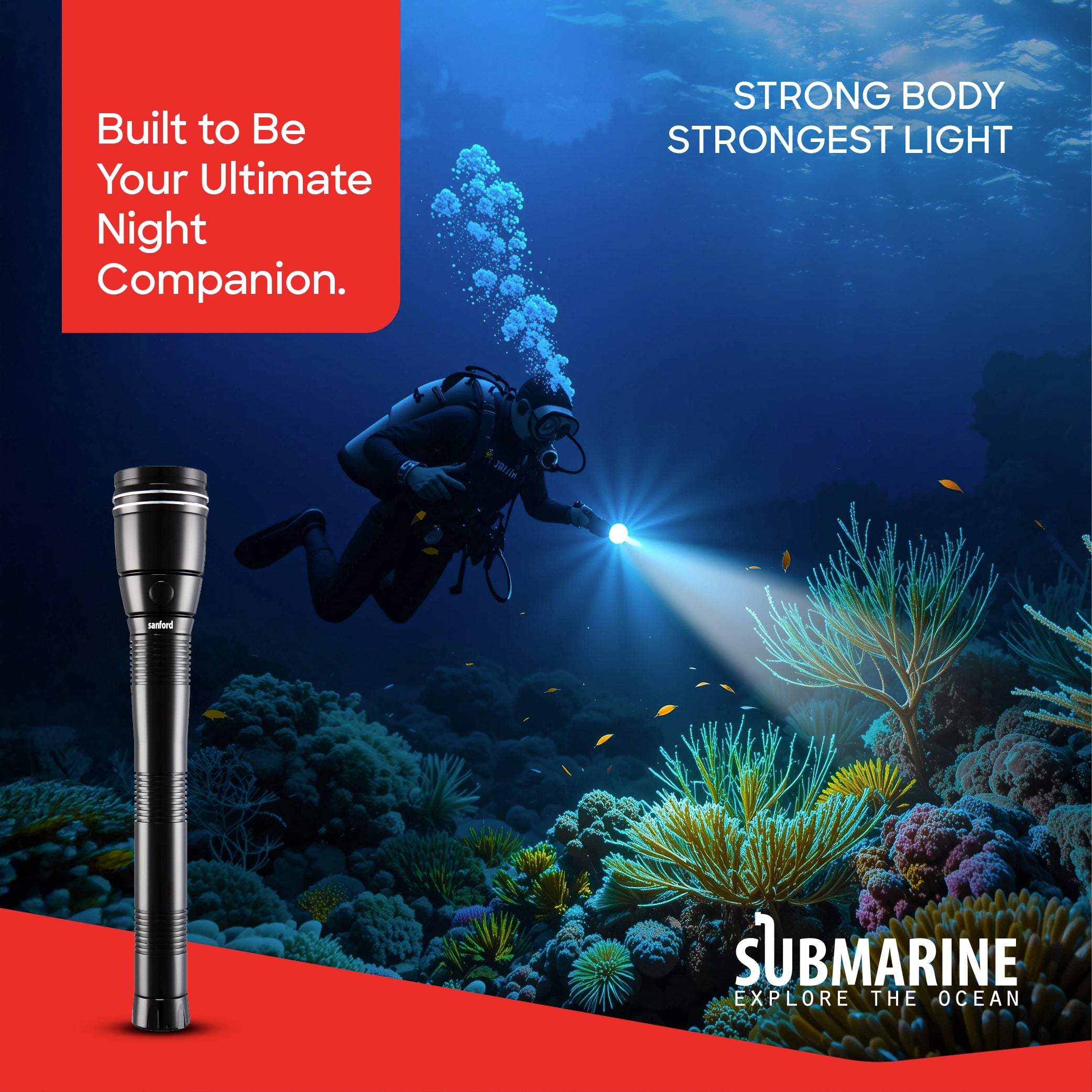 Waterproof LED flashlight torch 355 lumens durable body 3C battery sanford 2