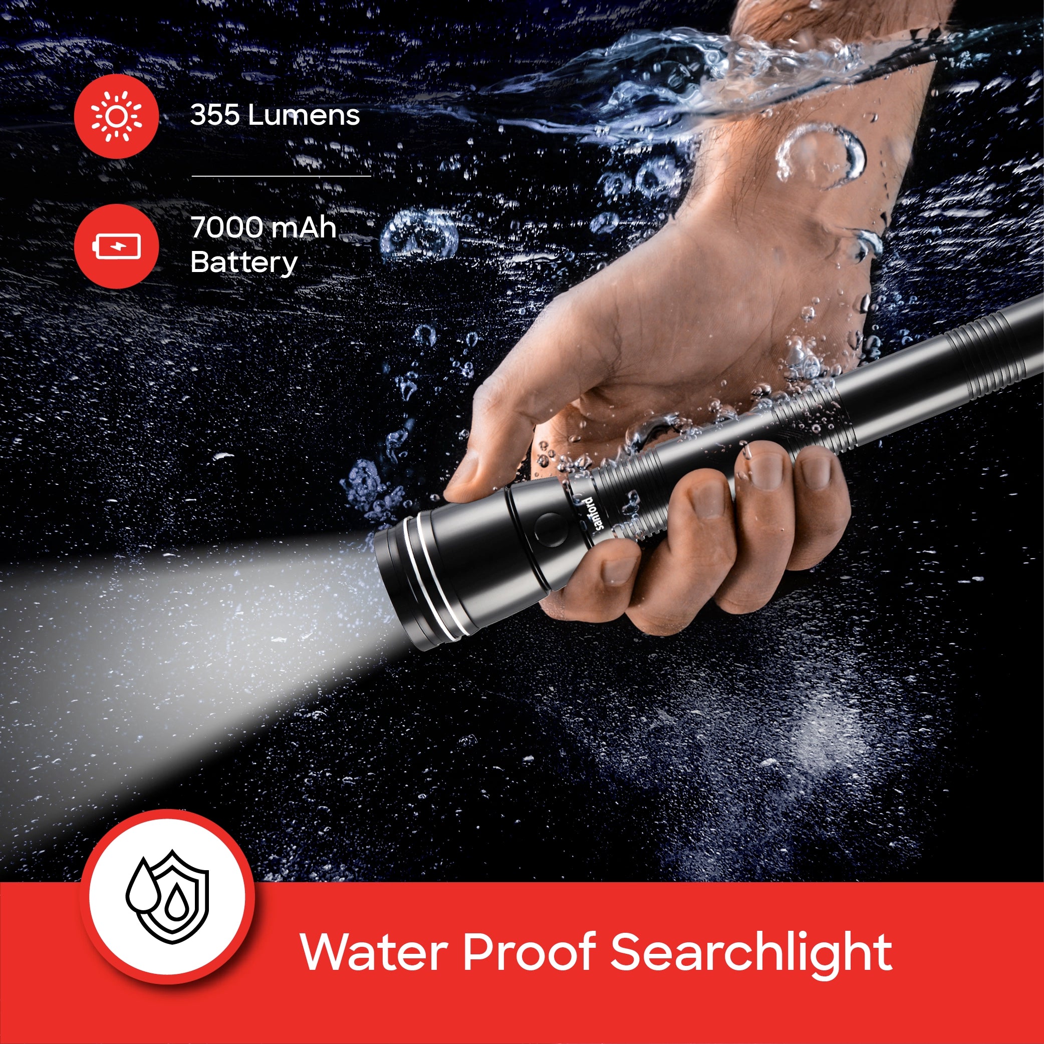 Waterproof LED flashlight torch 355 lumens durable body 3C battery sanford 3