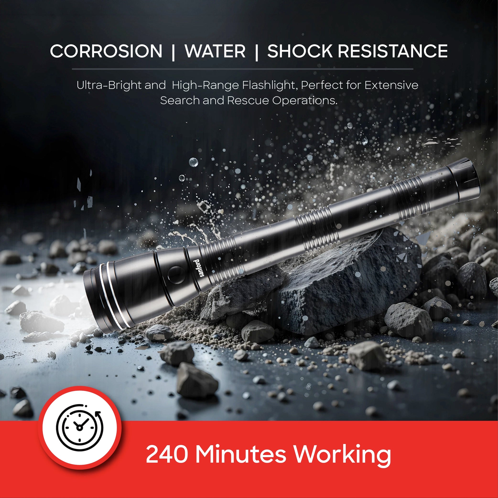 Waterproof LED flashlight torch 355 lumens durable body 3C battery sanford 5