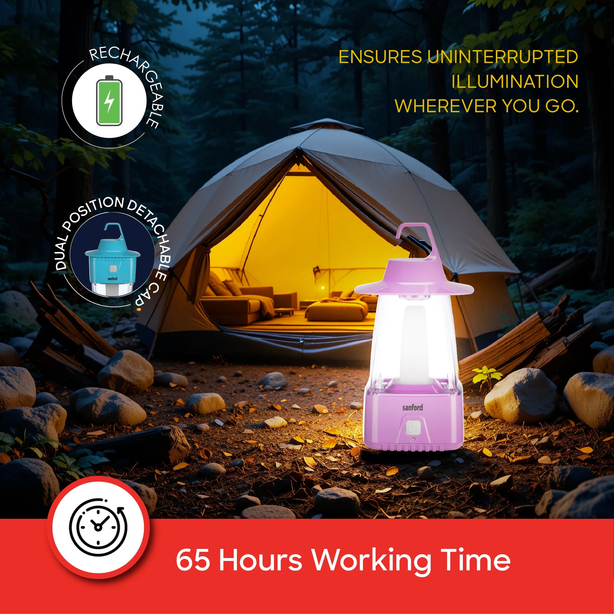 Sanford SF459EL 8W LED Lantern – lifestyle shot, lantern at a campsite, 65-hour runtime
