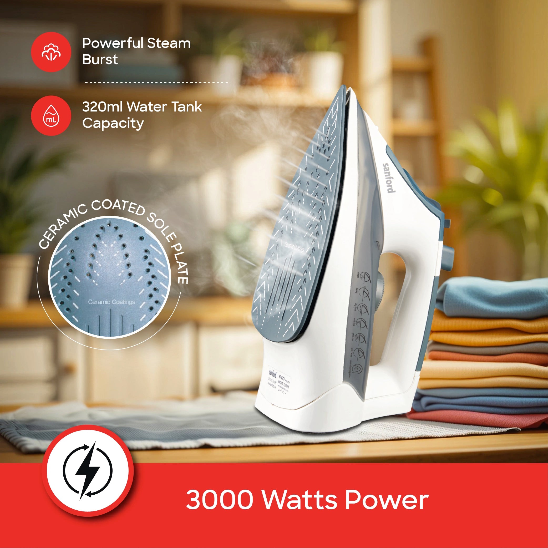 Steam iron 3000W adjustable thermostat and ceramic soleplate sanford 3