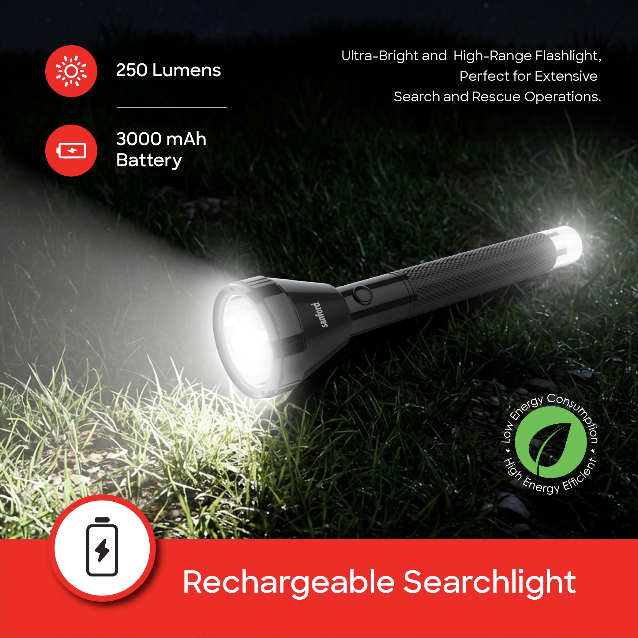 best rechargeable led flashlight torch 5W 250 lumens 3000mAh sanford 3