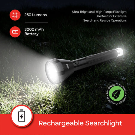 Sanford SF4657SL LED Flashlight Torch – 200 lumens, 3000mAh rechargeable feature callout