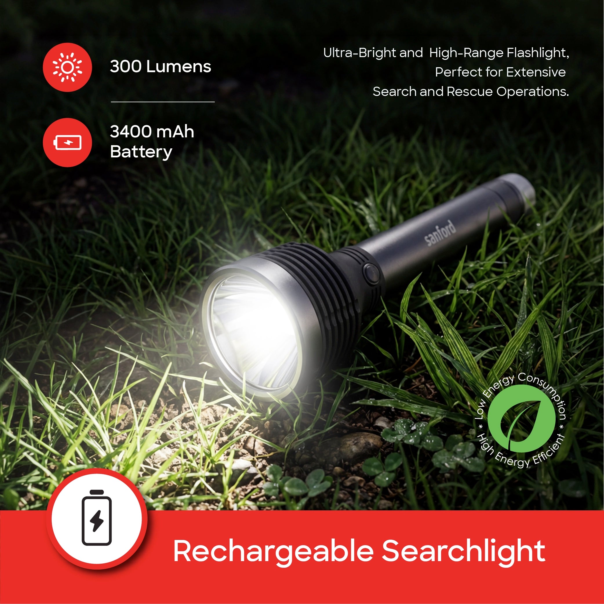 best rechargeable led flashlight torch 5W 300 lumens 3400mAh sanford 3