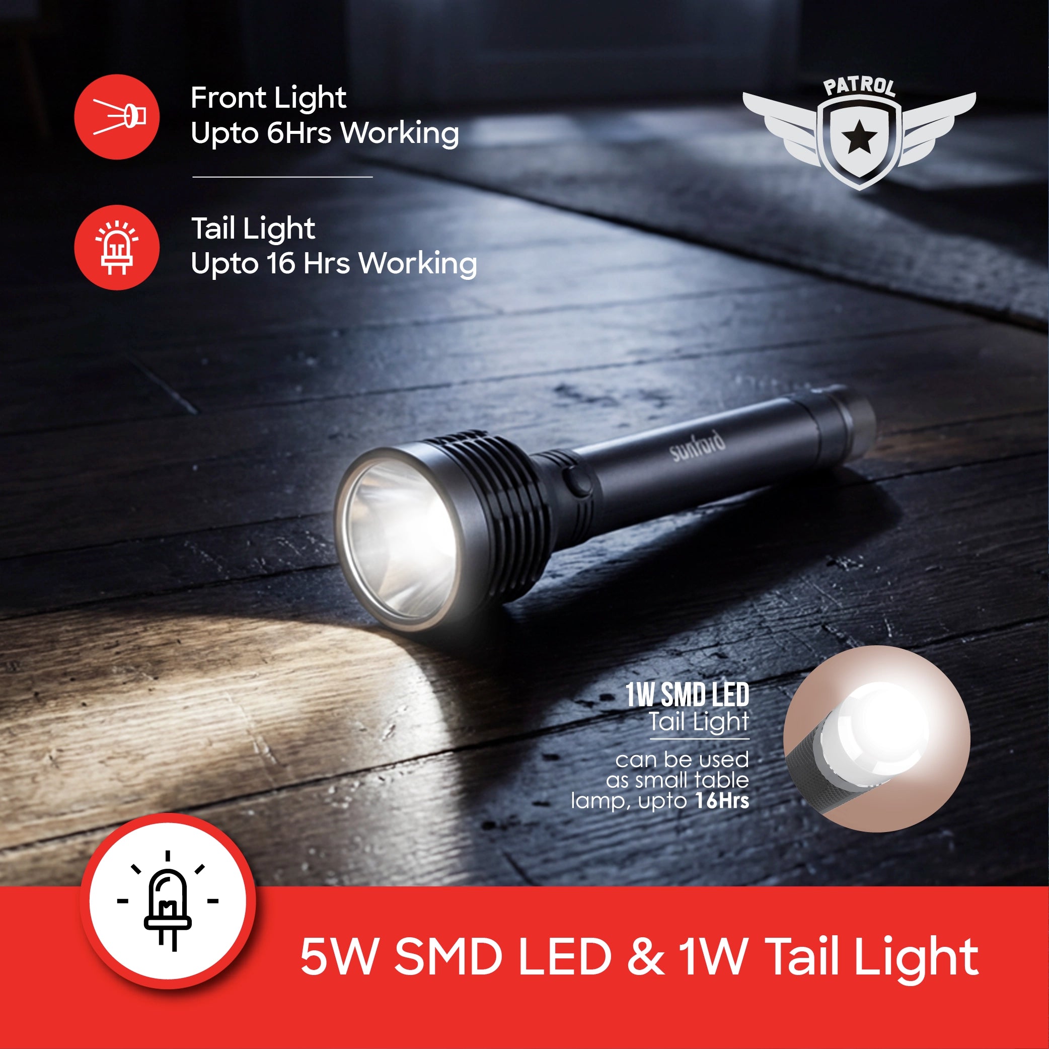 best rechargeable led flashlight torch 5W 300 lumens 3400mAh sanford 4