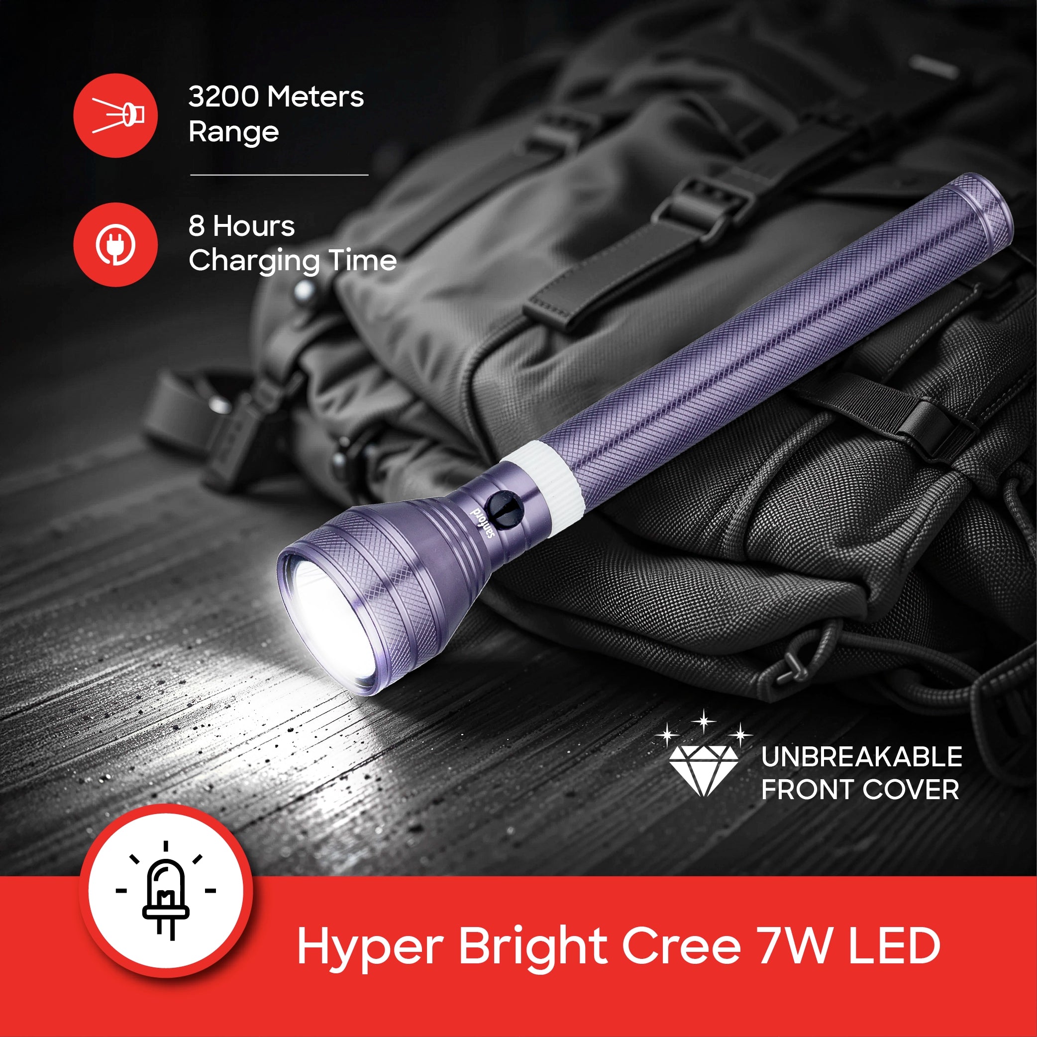 7W LED flashlight with 3200m range and 5 hour runtime sanford 4