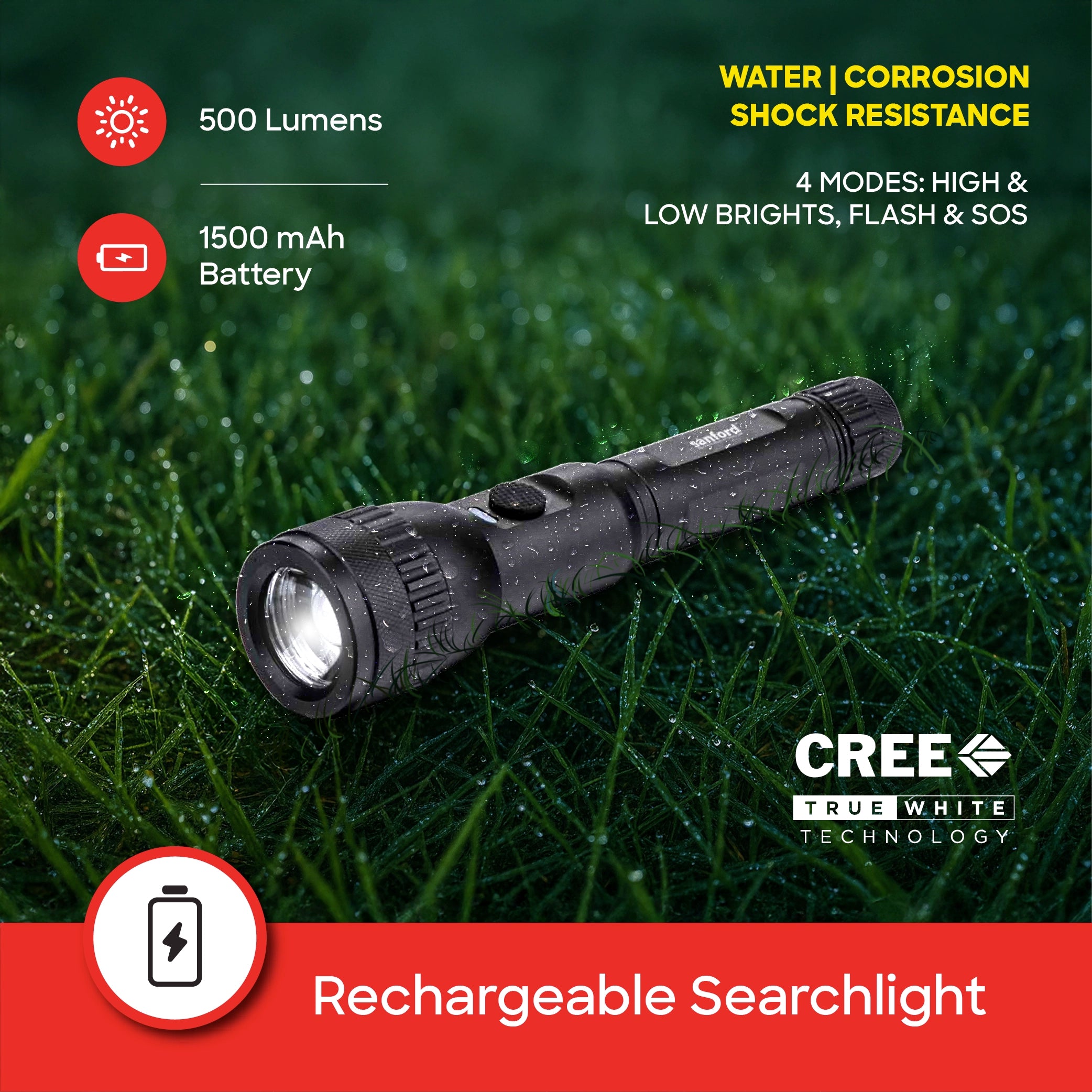 10W LED flashlight with 1800m range 5 hour runtime & glass breaker function sanford 3