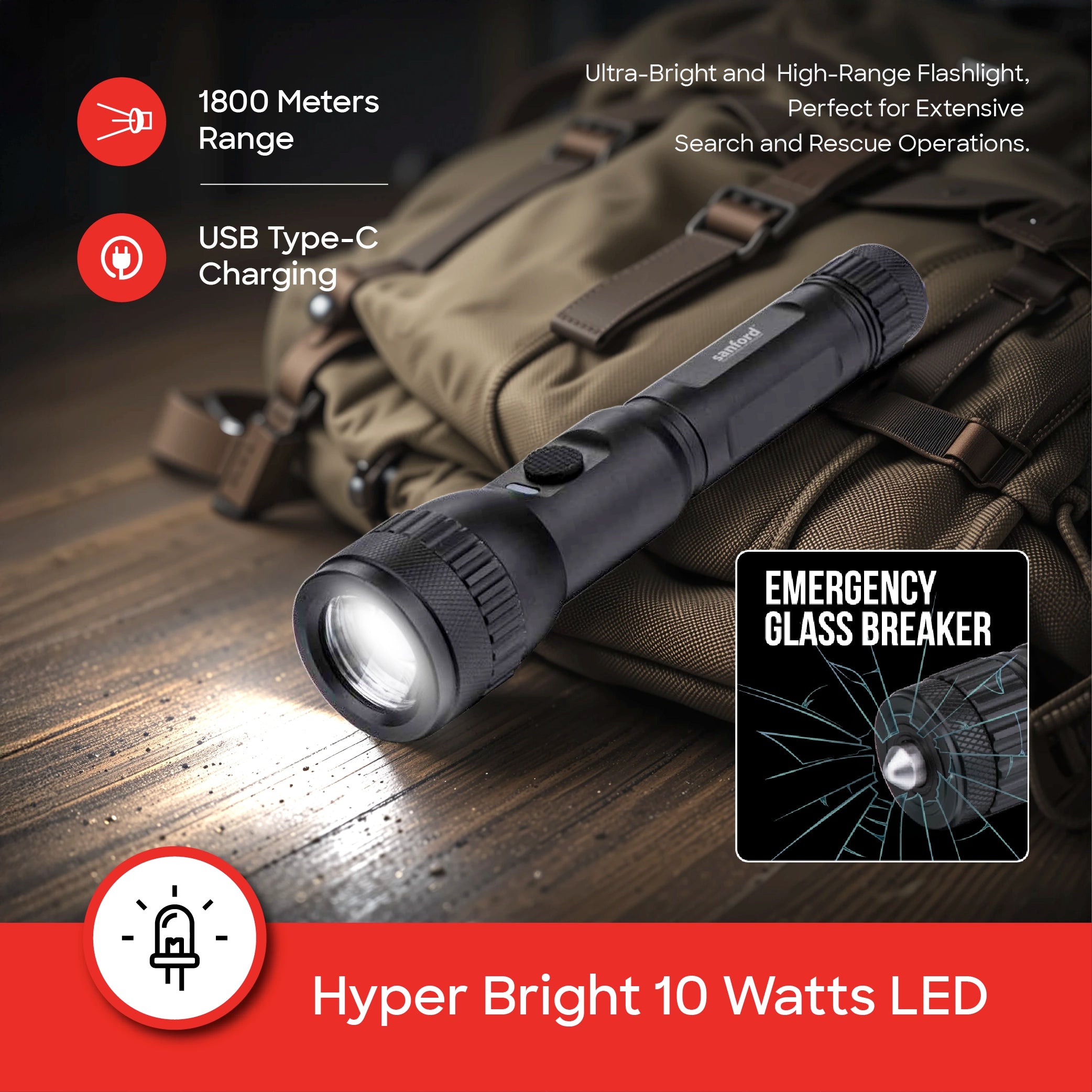 10W LED flashlight with 1800m range 5 hour runtime & glass breaker function sanford 4