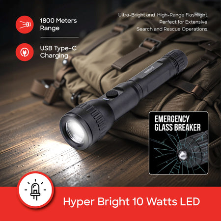 Sanford SF4665SL Rechargeable LED Torch – 10W LED, 1800m range and glass breaker feature callout