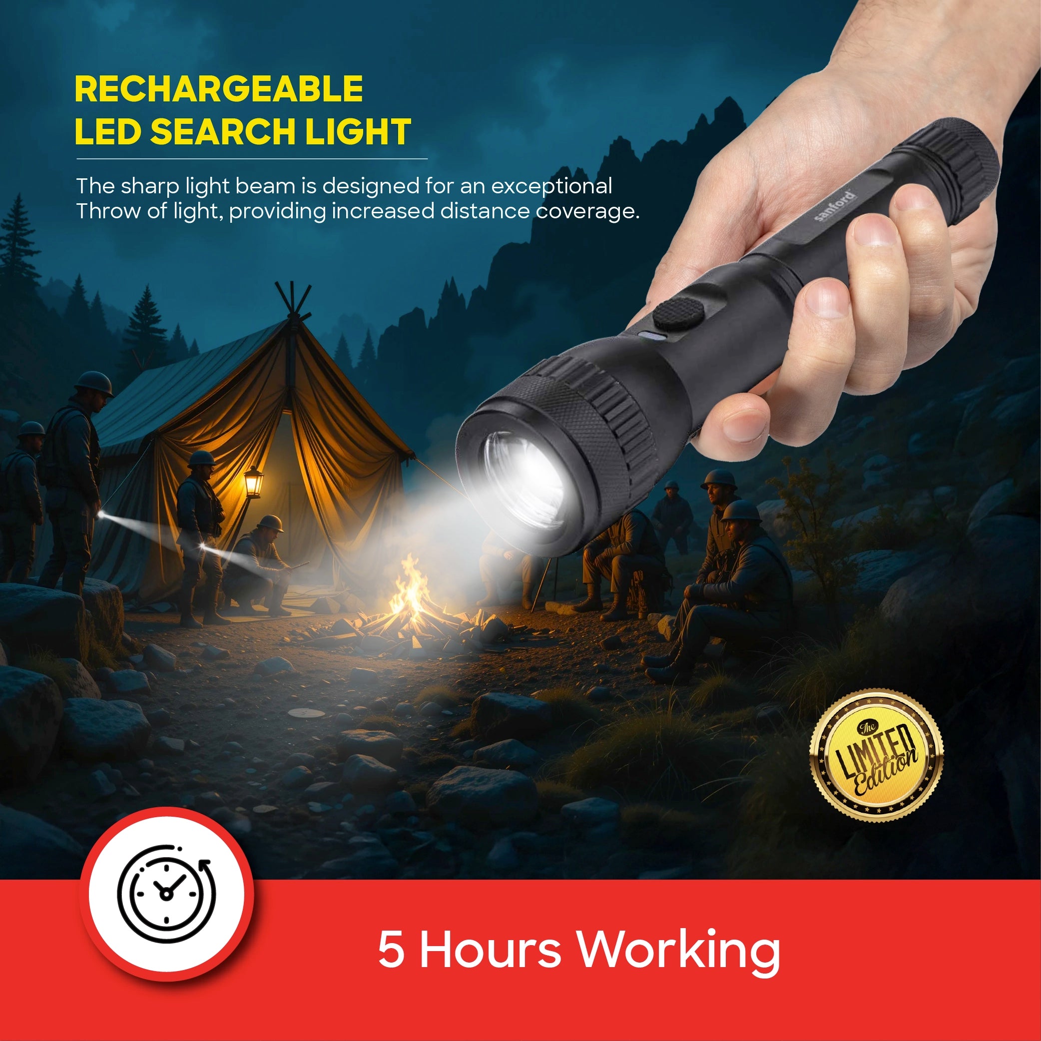 10W LED flashlight with 1800m range 5 hour runtime & glass breaker function sanford 5