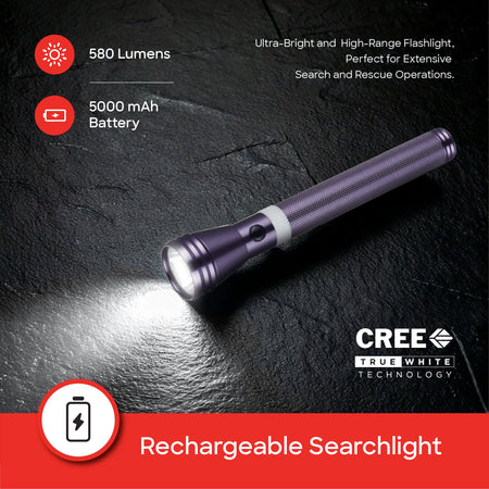 Sanford SF4669SL LED Torch – 580 lumens and rechargeable searchlight feature callout