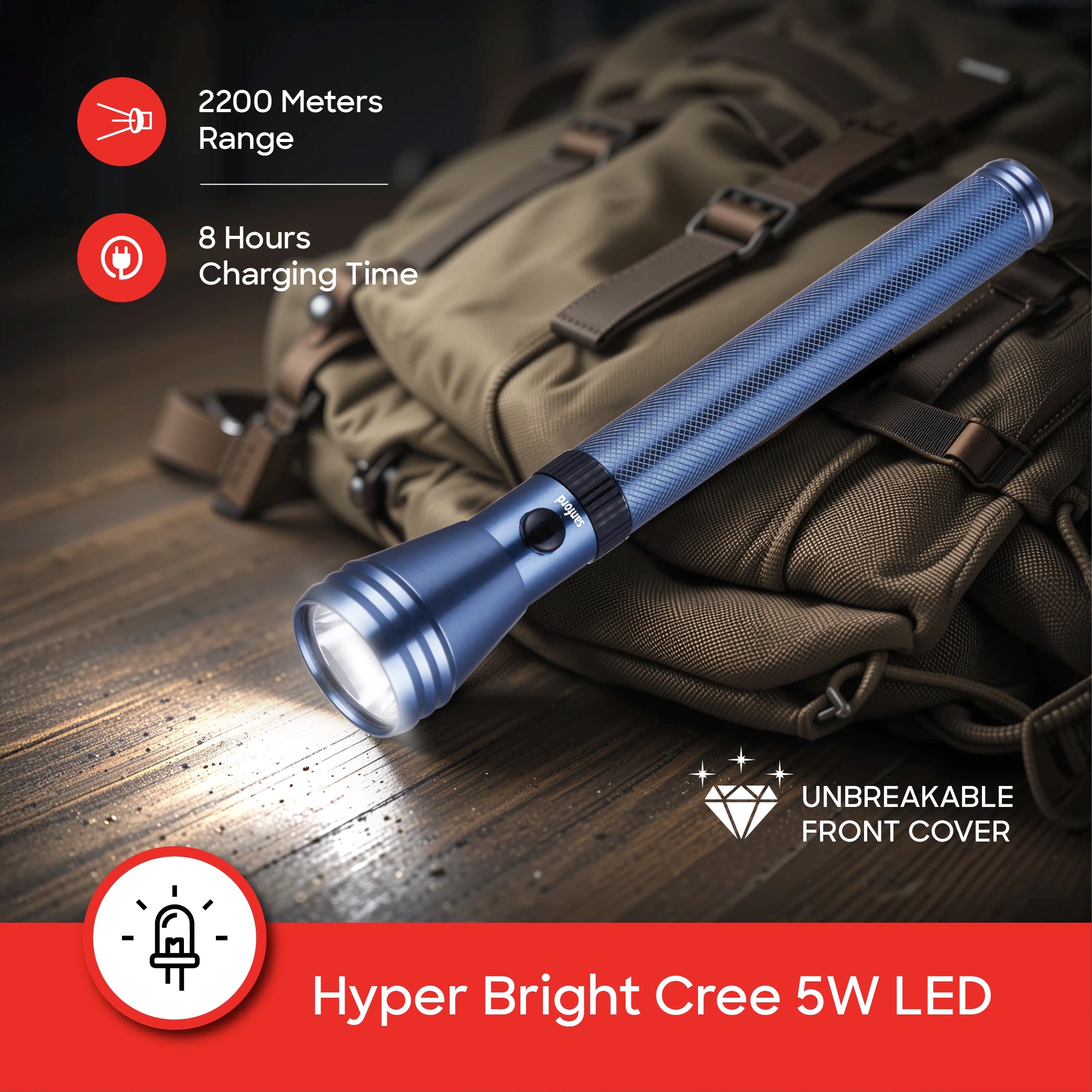 Rechargeable LED flashlight torch 580 lumens 2200m range aluminum body sanford 4