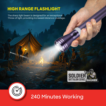 Sanford SF4669SL LED Torch – lifestyle shot, torch at a campsite, 240-minute runtime