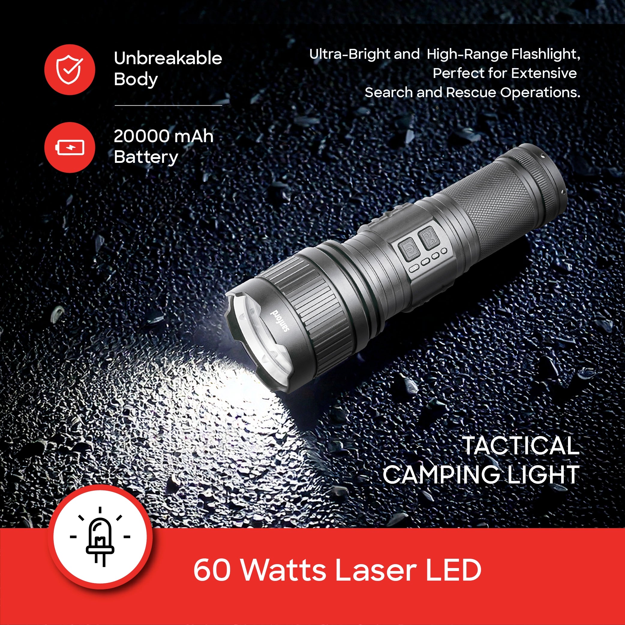 rechargeable LED flashlight 60W with 3000 lumens 2600m range sanford 3