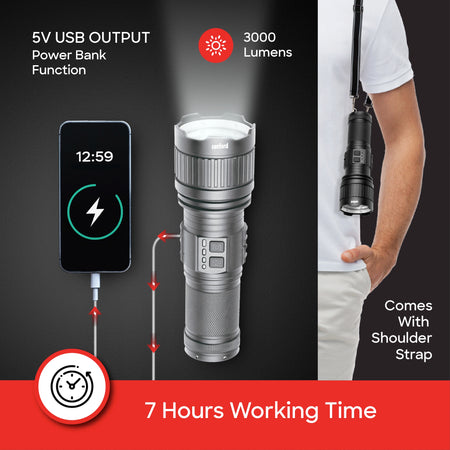Sanford SF4673SL Zoom Flashlight Torch – power-bank output, 3000 lumens, 7-hour runtime callout