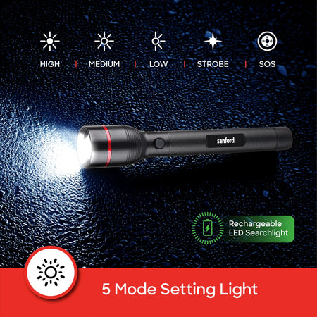 Sanford SF4675SL Zoom Flashlight – 5 mode lighting settings feature callout