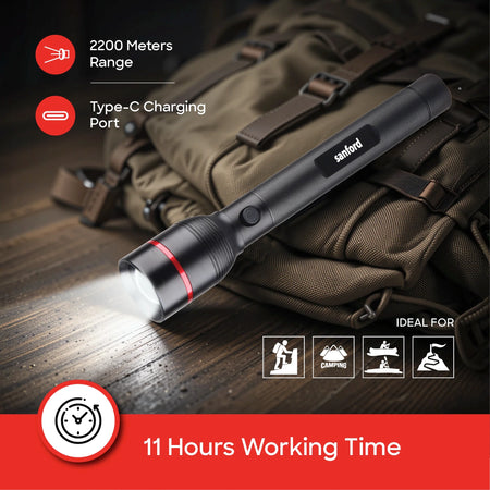 Sanford SF4675SL Zoom Flashlight – 2200m range & Type-C charging feature callout