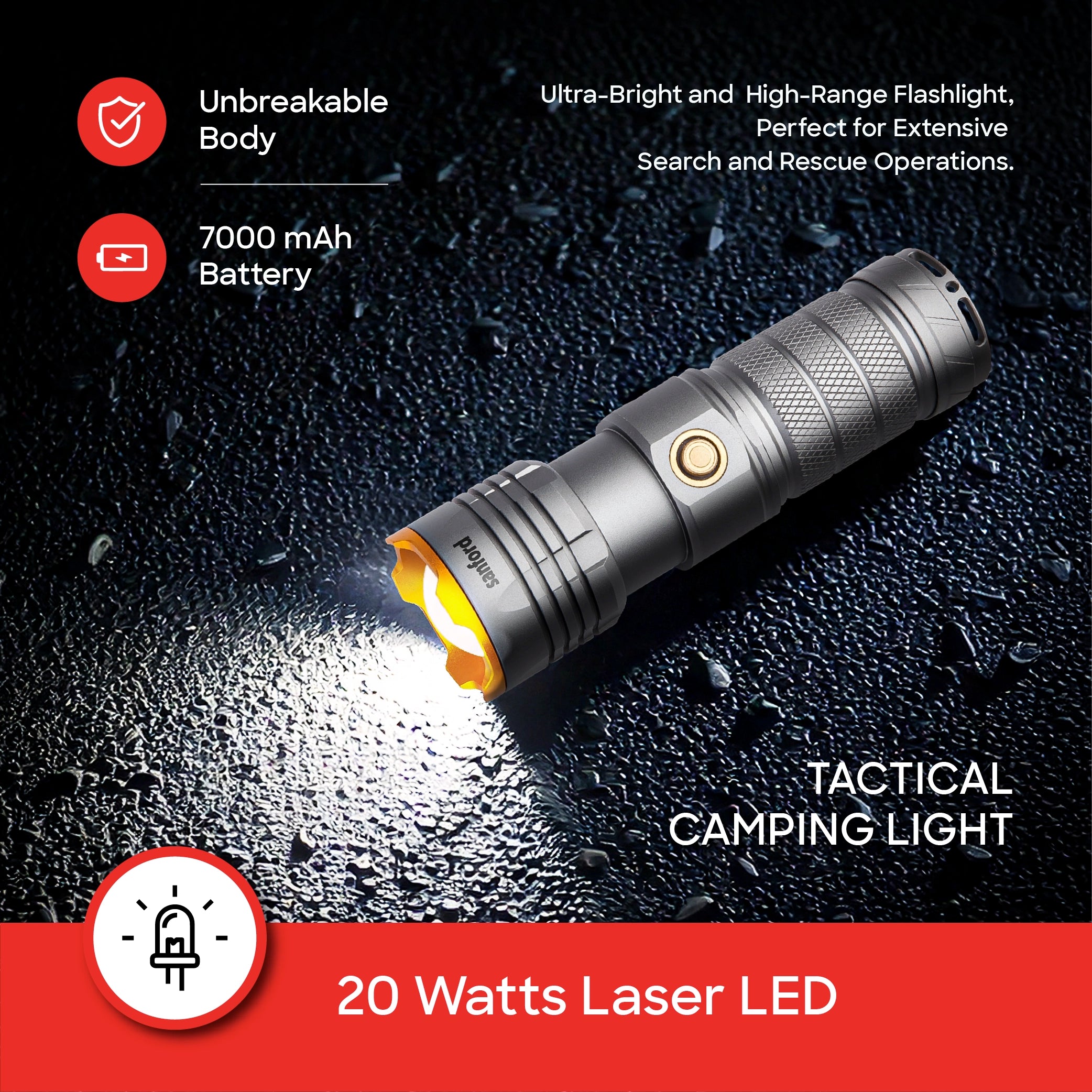  20W laser LED zoom flashlight dual 3.7V radiant series sanford 3