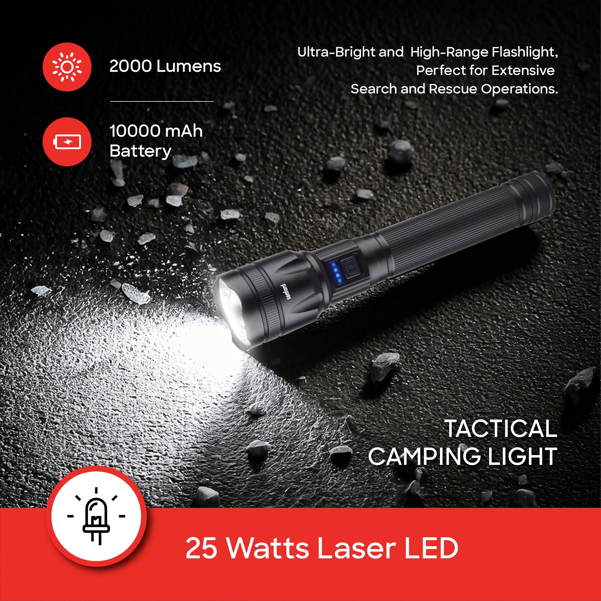 25W LED flashlight with 4800m range and 10 hour runtime sanford 3