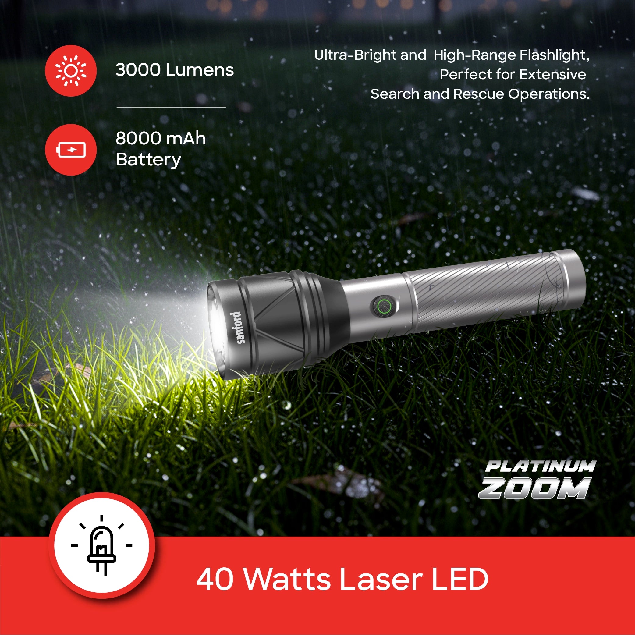 40W LED flashlight torch 2400m range rechargeable zoom 8000mAh 4 modes sanford 3