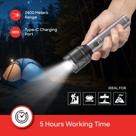 40W LED flashlight torch 2400m range rechargeable zoom 8000mAh 4 modes sanford 6