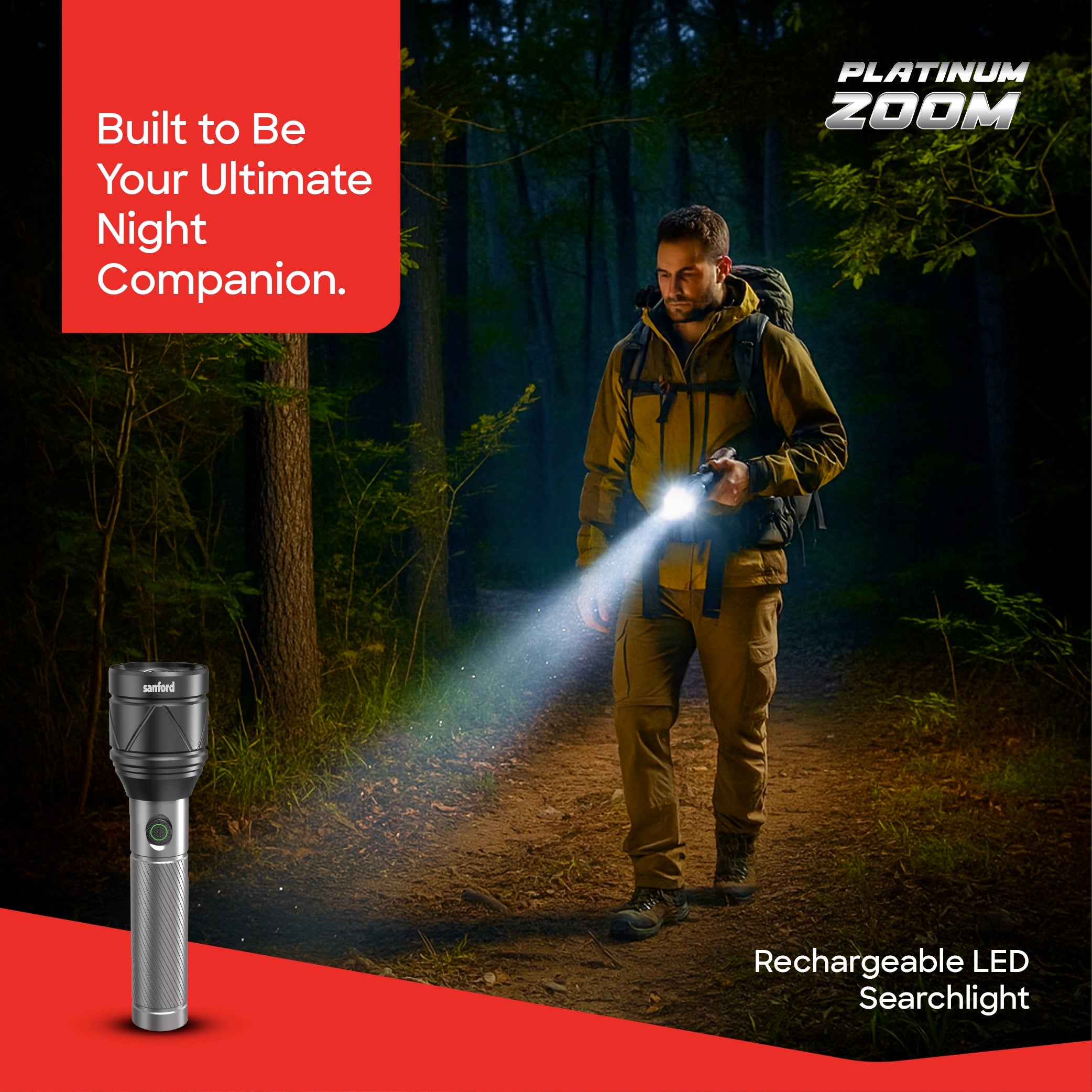 50W LED flashlight torch 3600m range rechargeable zoom 1000mAh 4 modes sanford 2