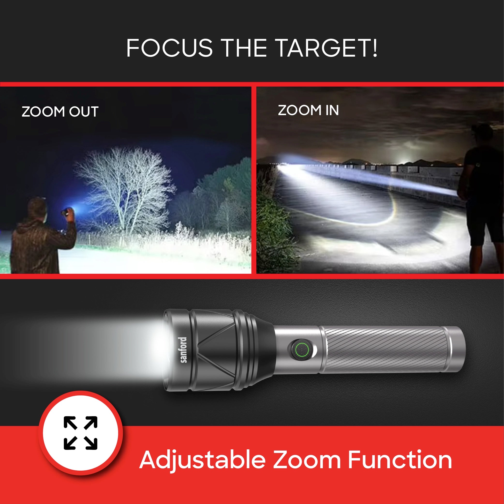 50W LED flashlight torch 3600m range rechargeable zoom 1000mAh 4 modes sanford 4