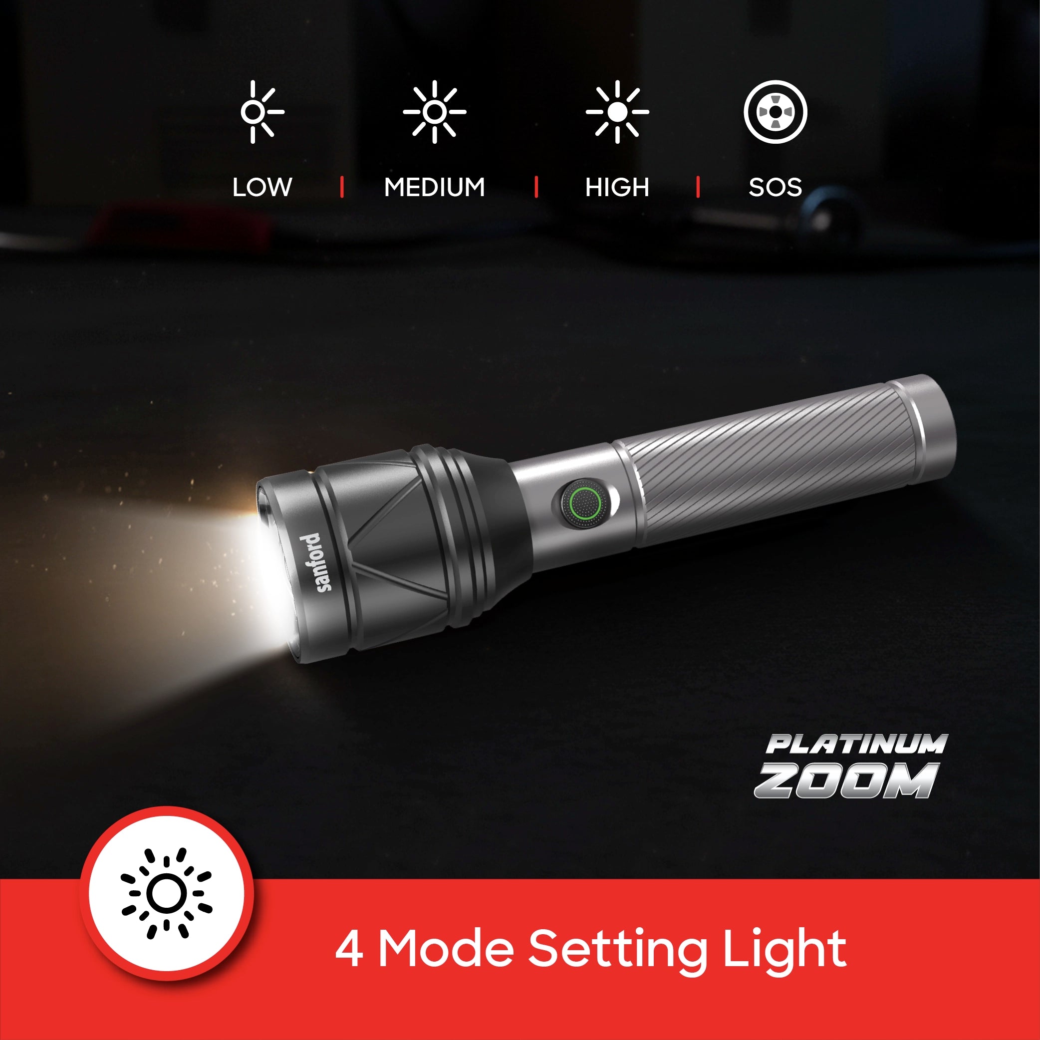 50W LED flashlight torch 3600m range rechargeable zoom 1000mAh 4 modes sanford 5