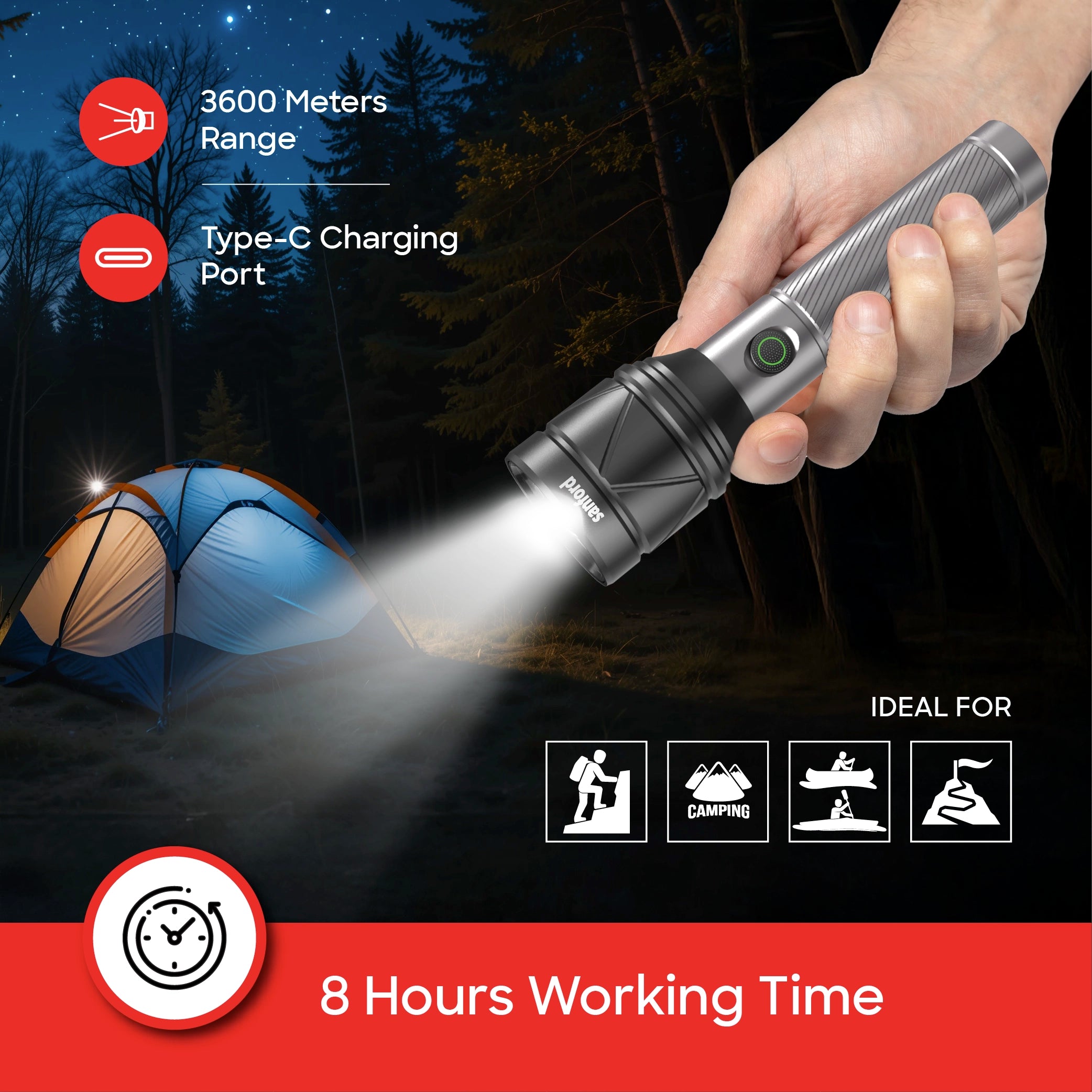 50W LED flashlight torch 3600m range rechargeable zoom 1000mAh 4 modes sanford 6