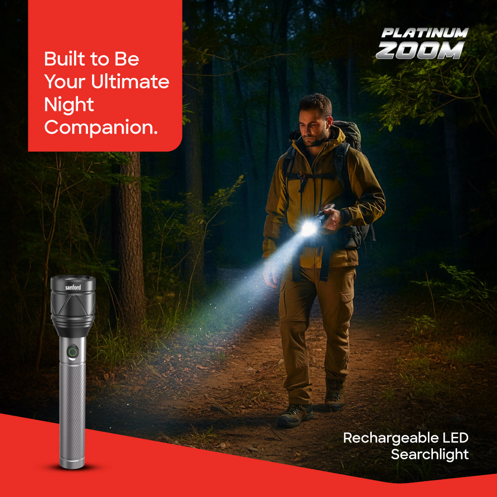 Zoom flashlight torch adjustable 3800m range 5000 lumens rechargeable battery sanford 2