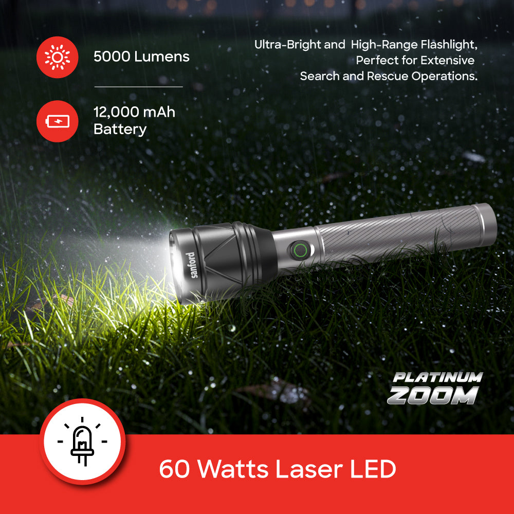 Zoom flashlight torch adjustable 3800m range 5000 lumens rechargeable battery sanford 3