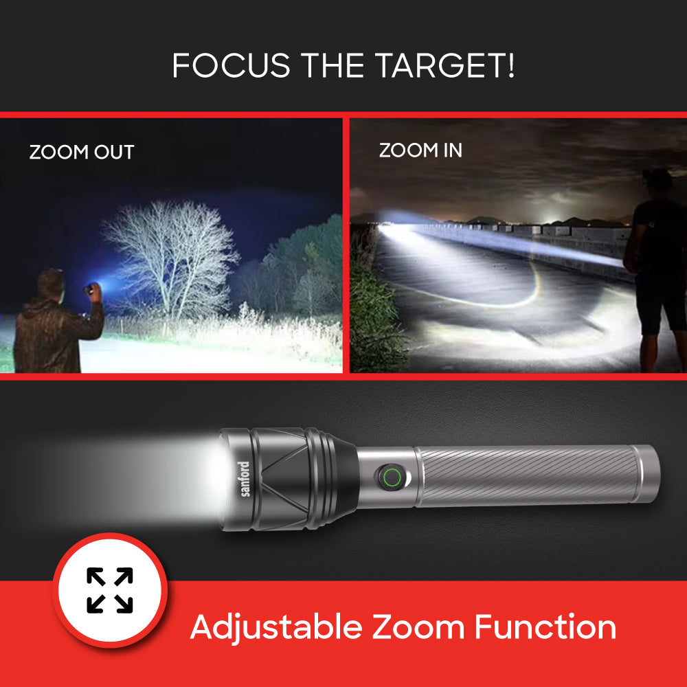 Zoom flashlight torch adjustable 3800m range 5000 lumens rechargeable battery sanford 4