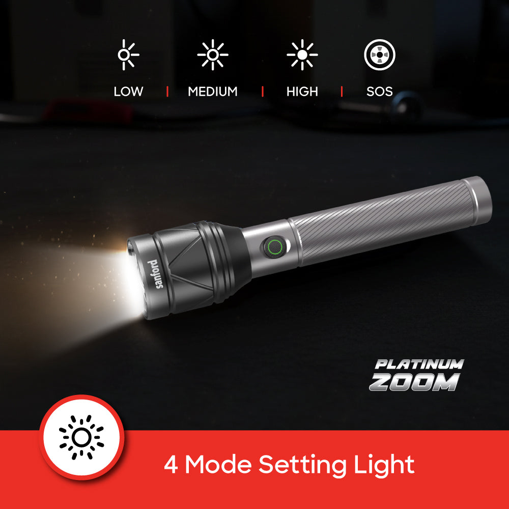 Zoom flashlight torch adjustable 3800m range 5000 lumens rechargeable battery sanford 5