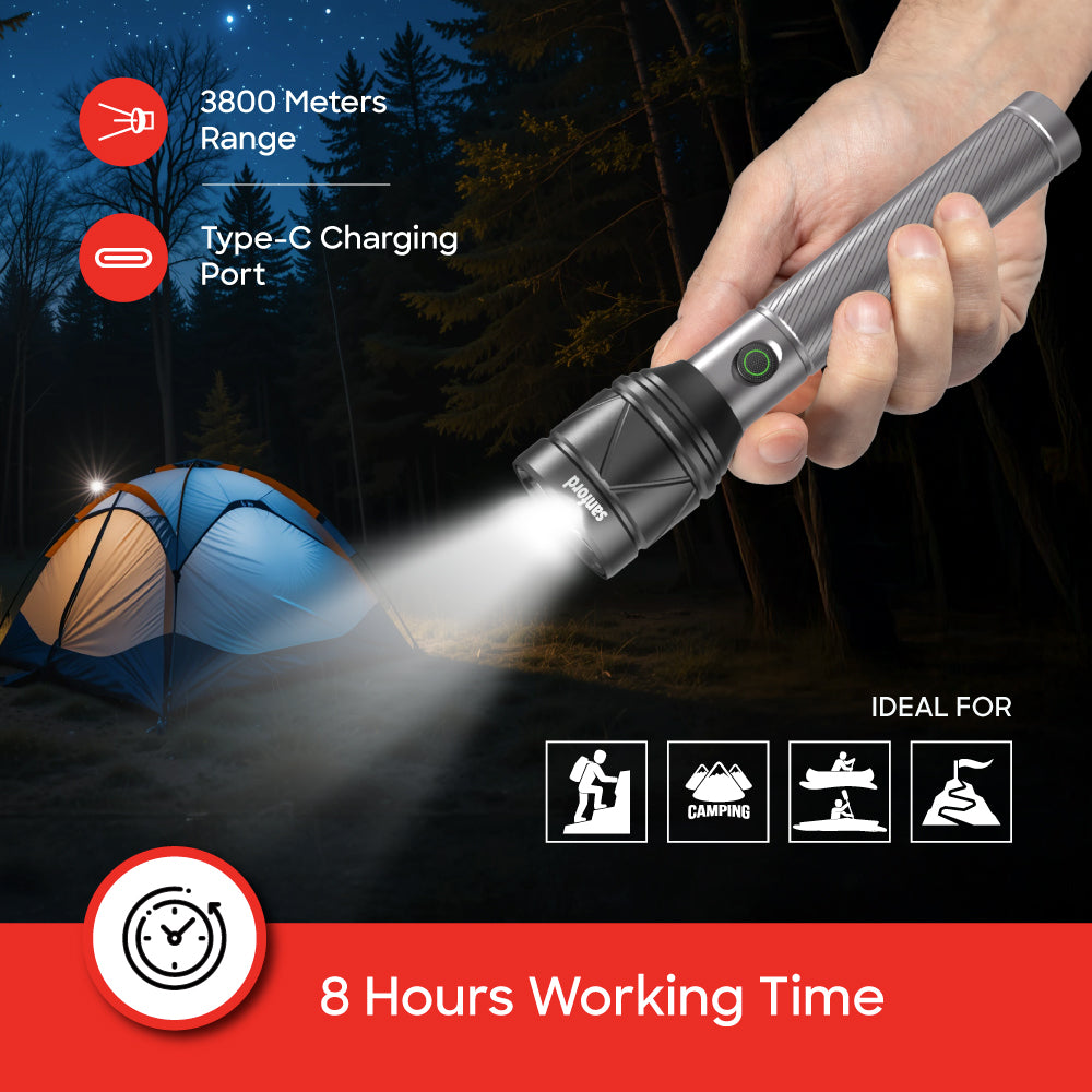 Zoom flashlight torch adjustable 3800m range 5000 lumens rechargeable battery sanford 6
