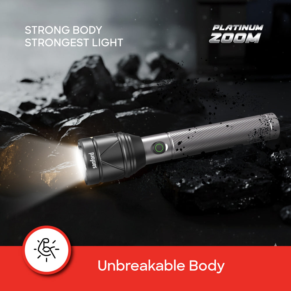 Zoom flashlight torch adjustable 3800m range 5000 lumens rechargeable battery sanford 7