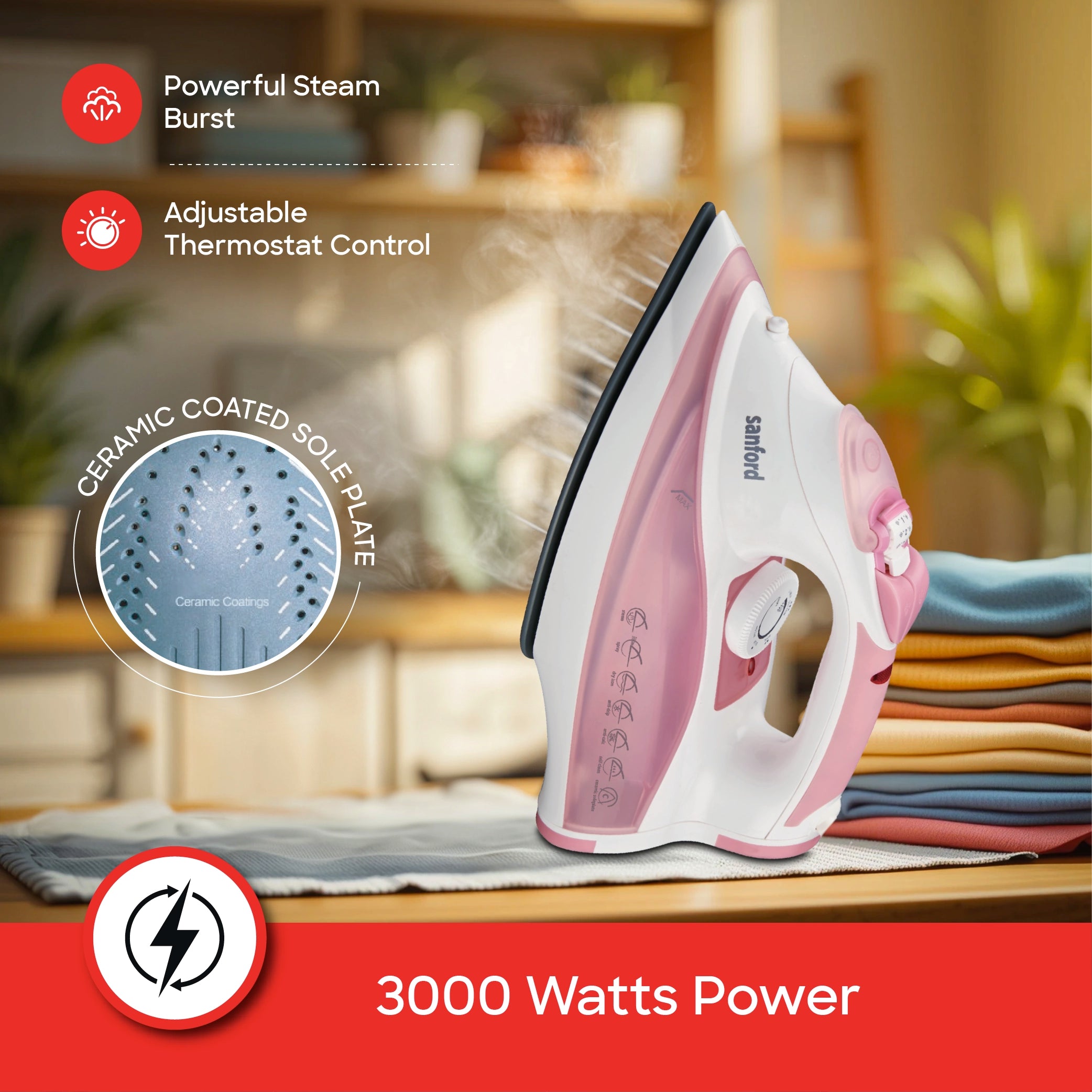 Steam iron 3000W with ceramic soleplate large water tank high steam output sanford 3