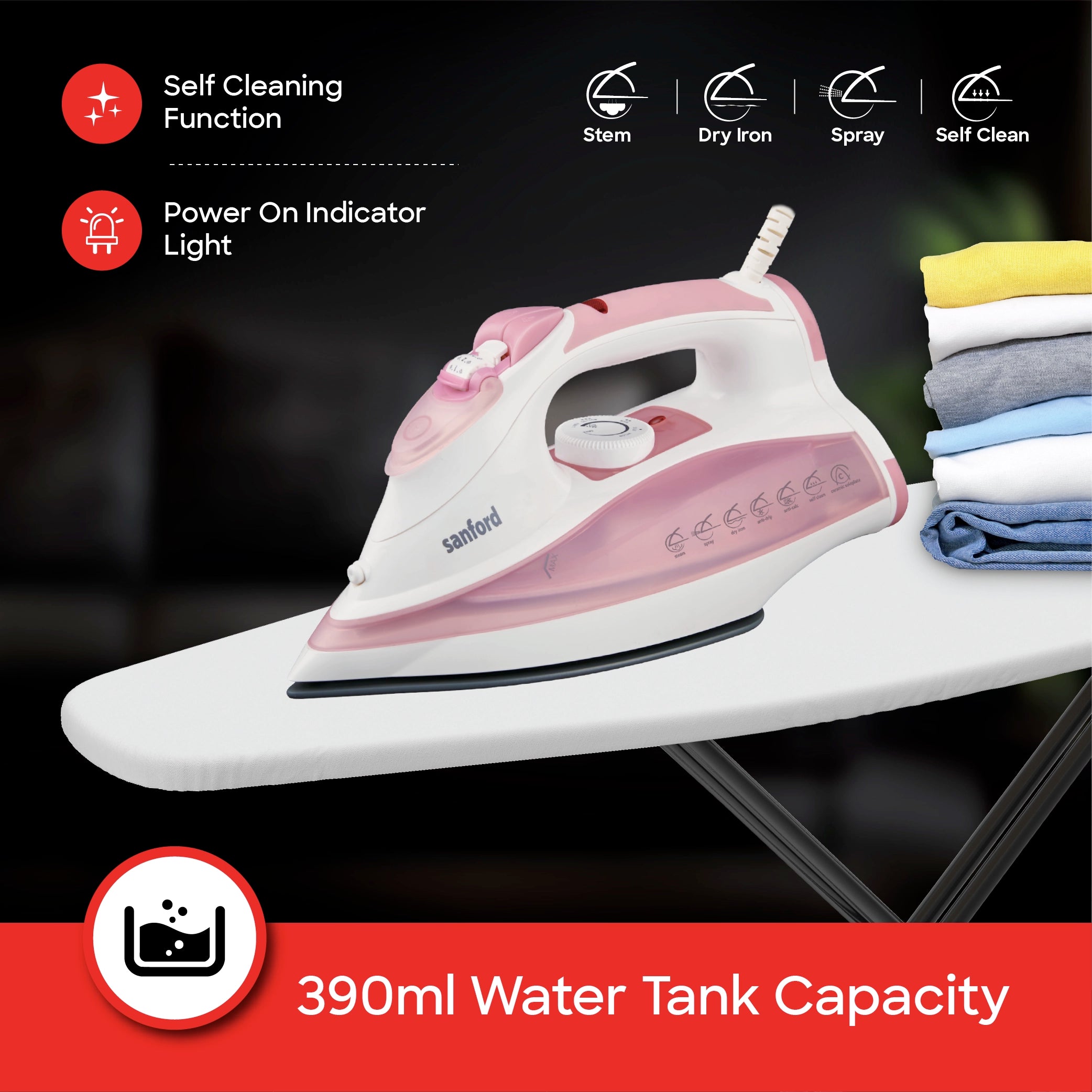 Steam iron 3000W with ceramic soleplate large water tank high steam output sanford 4