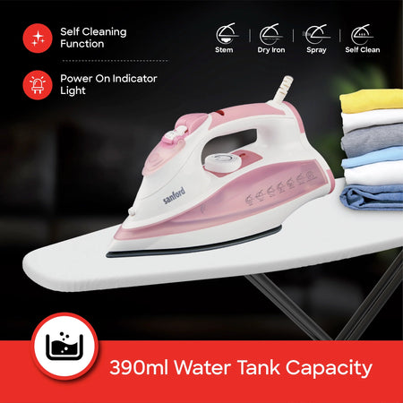 Sanford SF46CSI Steam Iron – 390ml water tank & self-cleaning feature callout