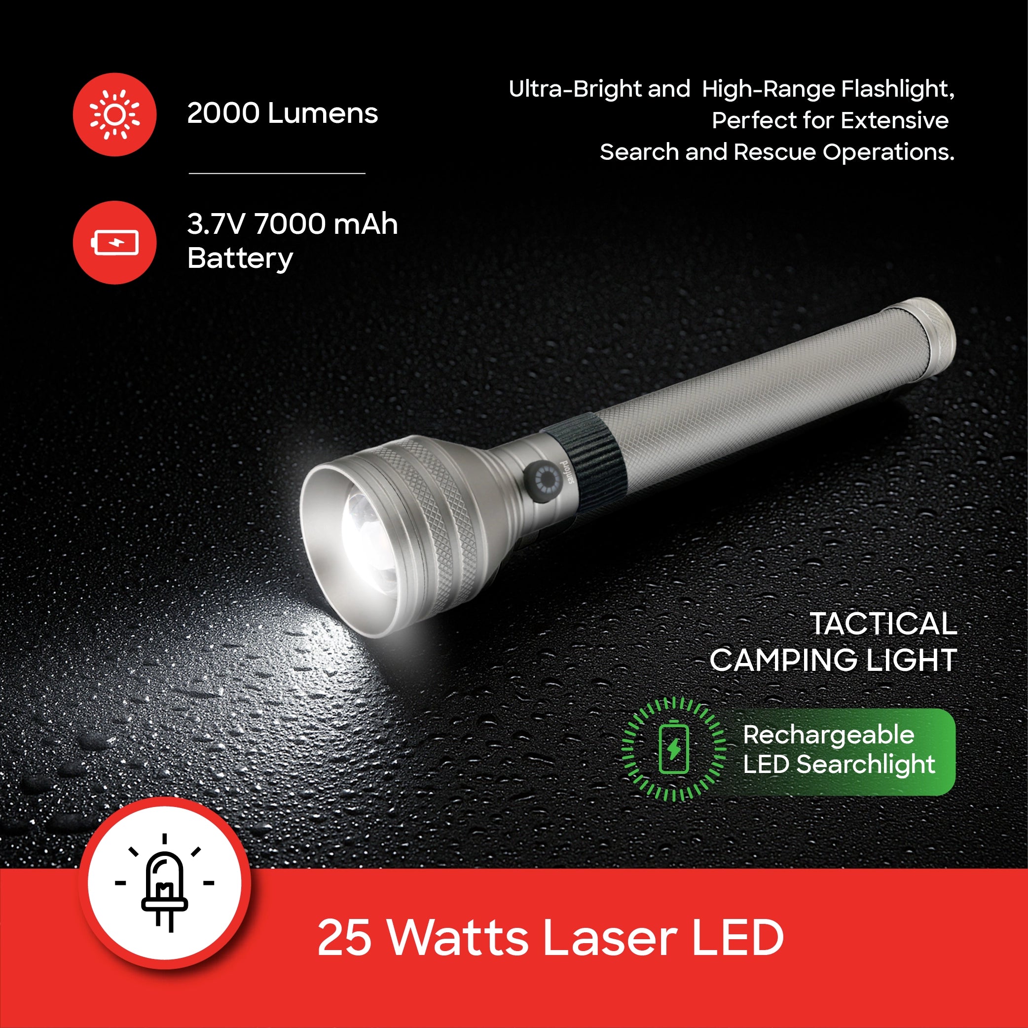 25W LED flashlight torch 3200m range rechargeable zoom 7000mAh 5 modes sanford 3