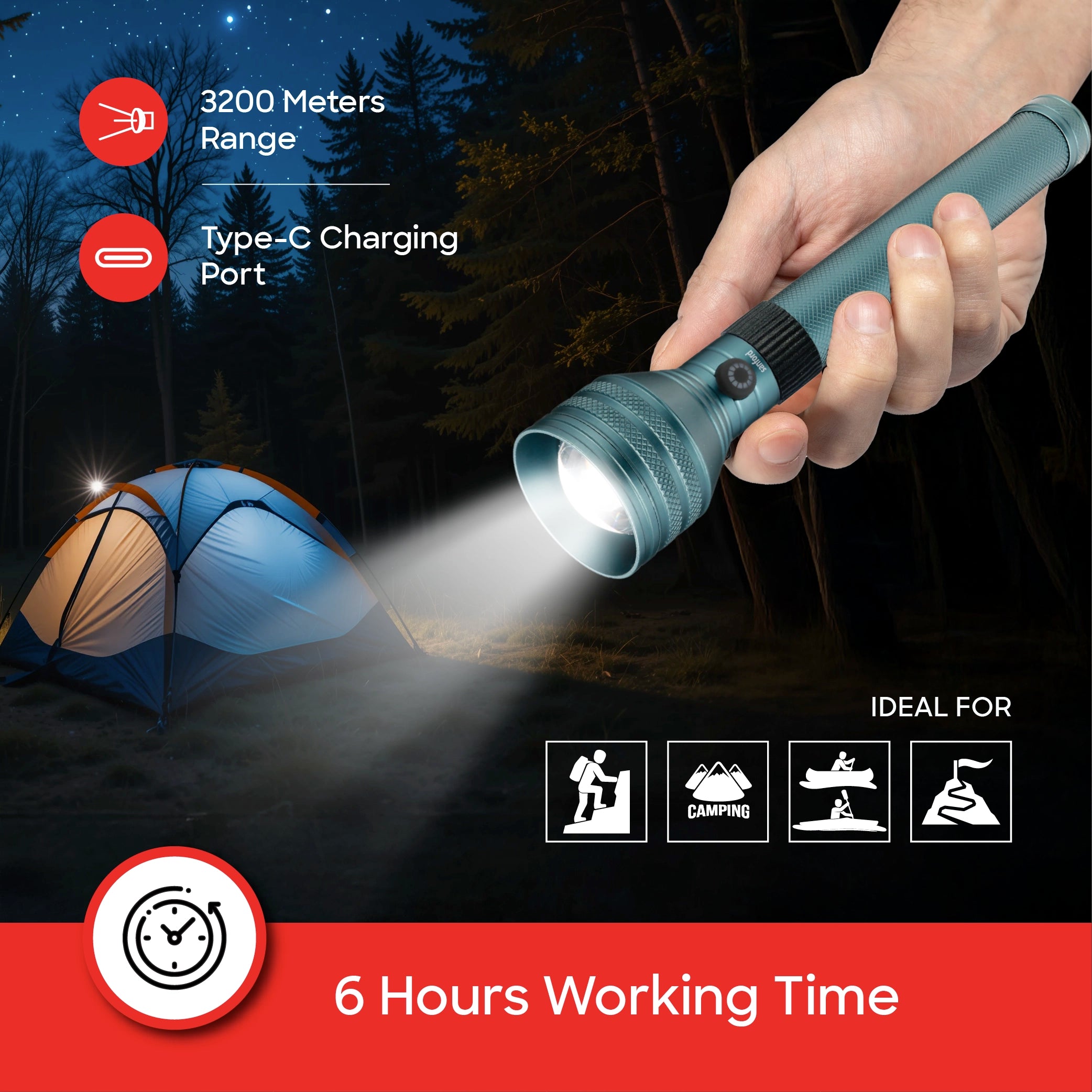 25W LED flashlight torch 3200m range rechargeable zoom 7000mAh 5 modes sanford 6