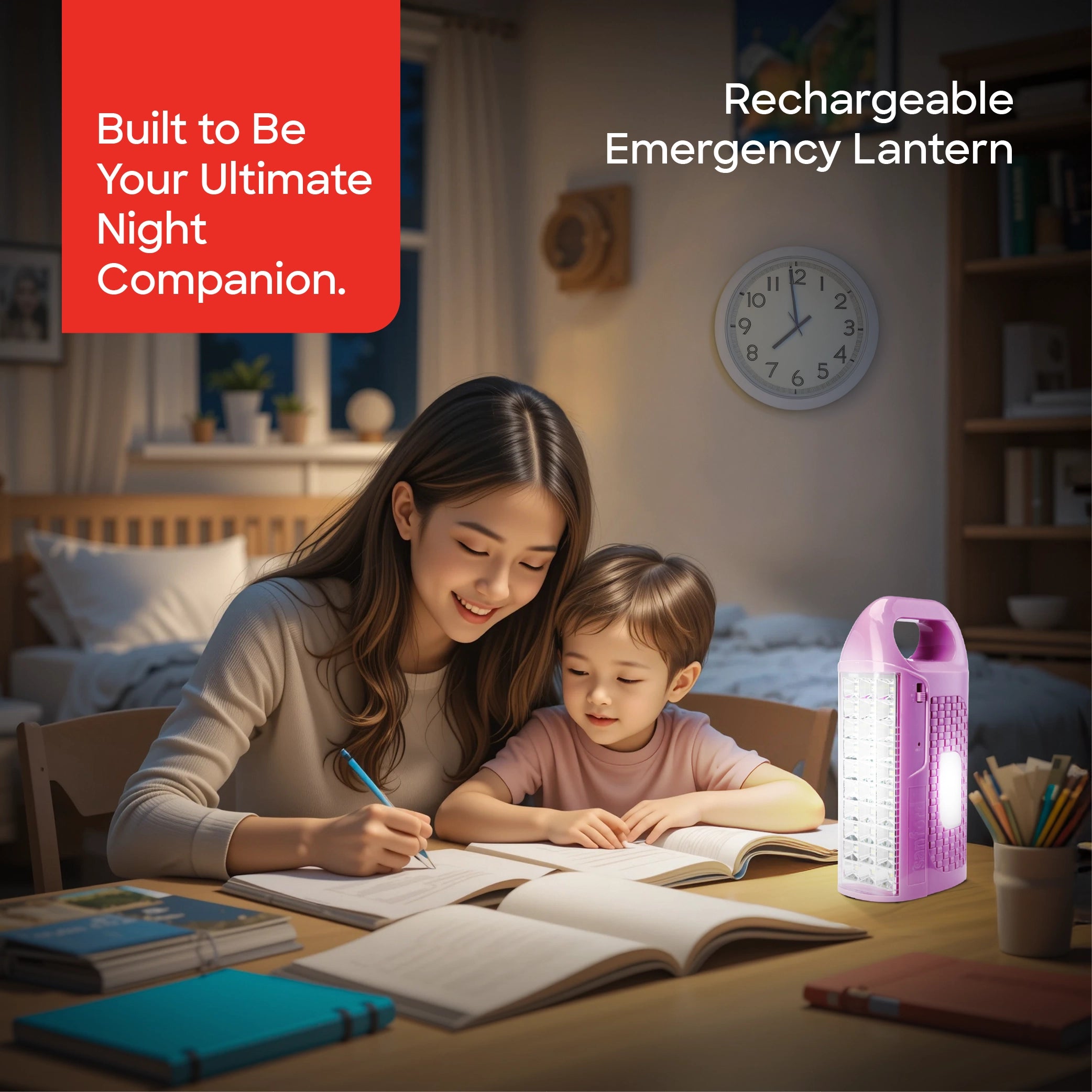 Sanford SF473EL 5W LED Lantern – lifestyle shot, mother and child reading by lantern light
